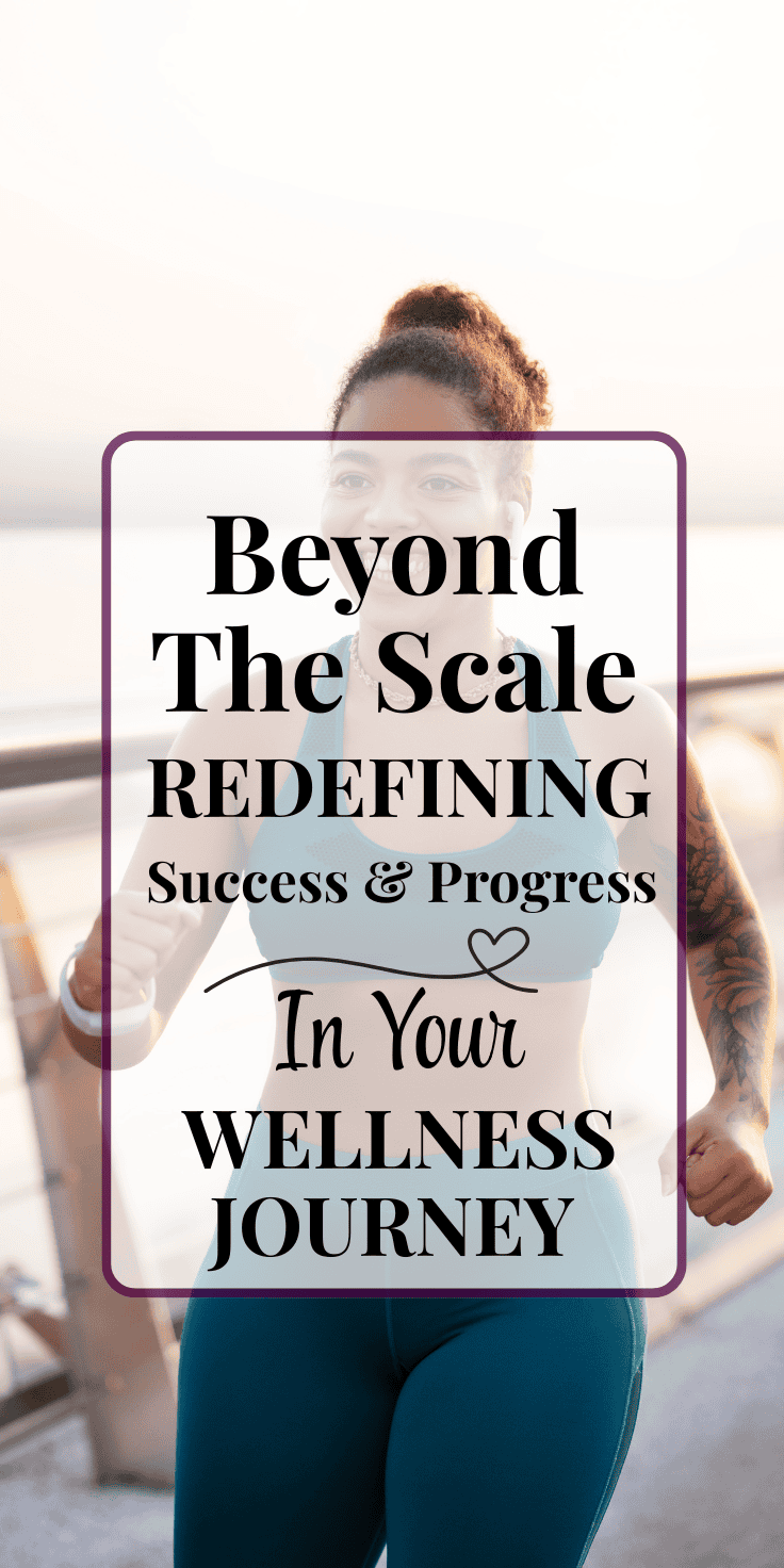 A woman in workout clothes jogs outdoors near a railing, with overlaid text: “Beyond The Scale: Diets Don’t Work—Redefining Success & Progress in Your Wellness Journey.”.