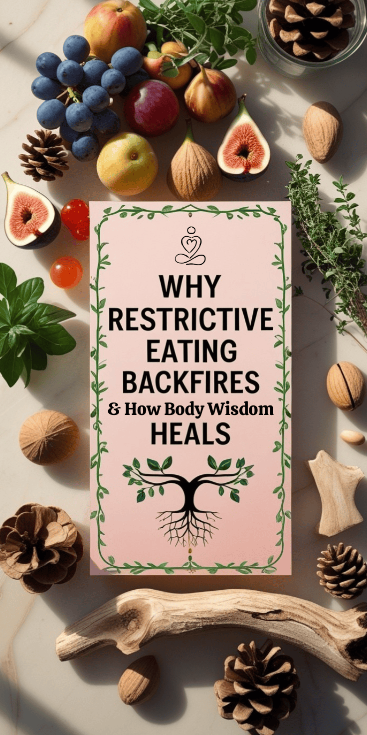 A card with the text Why Restrictive Eating Backfires & How Body Wisdom Heals is surrounded by fresh fruits, herbs, pinecones, and wooden items—illustrating how lasting change comes from more than willpower alone.