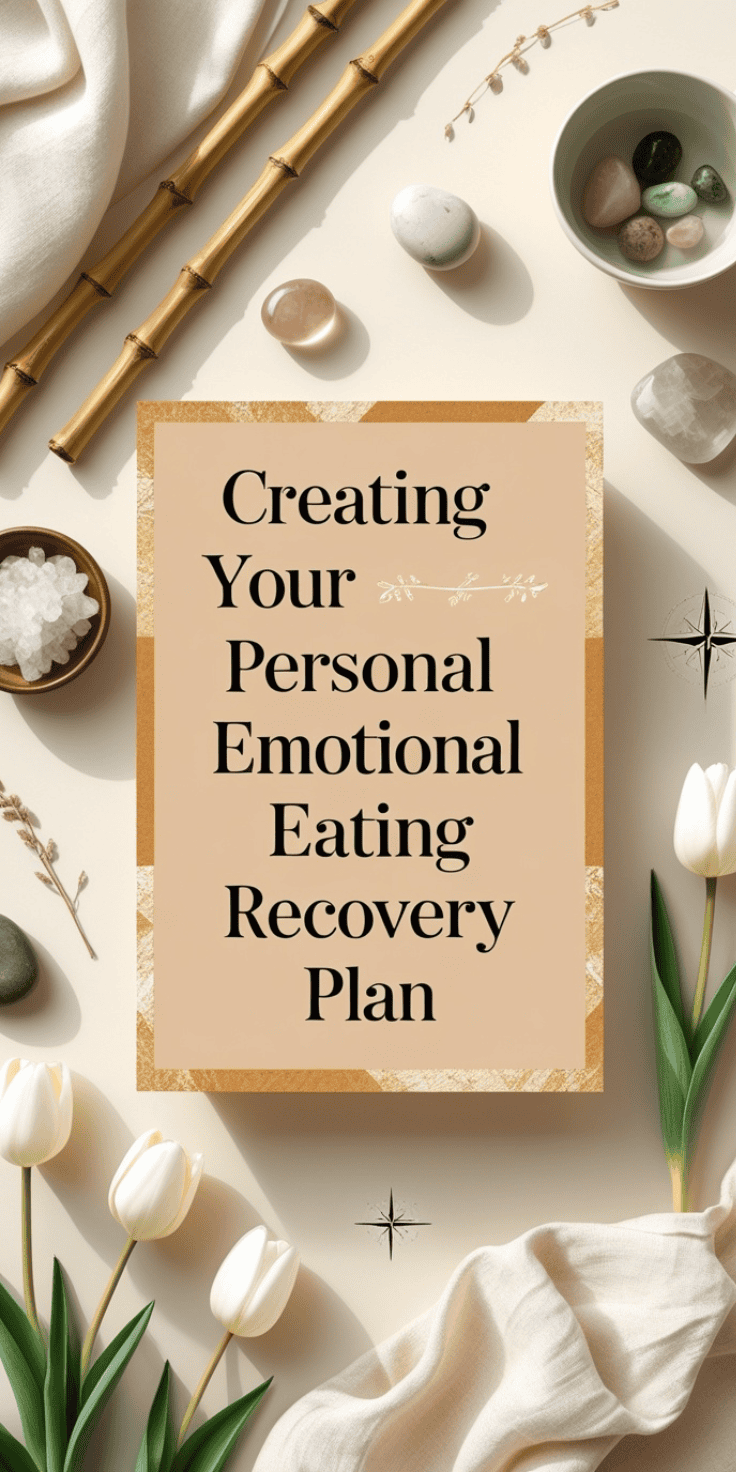 A decorative flat lay features a sign reading Creating Your Personal Emotional Eating Recovery Plan, surrounded by white tulips, smooth stones, bamboo, fabric, and small branches—an inviting setting for your journey to overcome emotional eating.