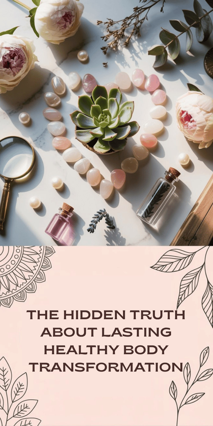 A flat lay of flowers, succulents, crystals, and bottles arranged artfully on a table, with the text: “The hidden truth about lasting change and healthy body transformation” on a decorative beige background.