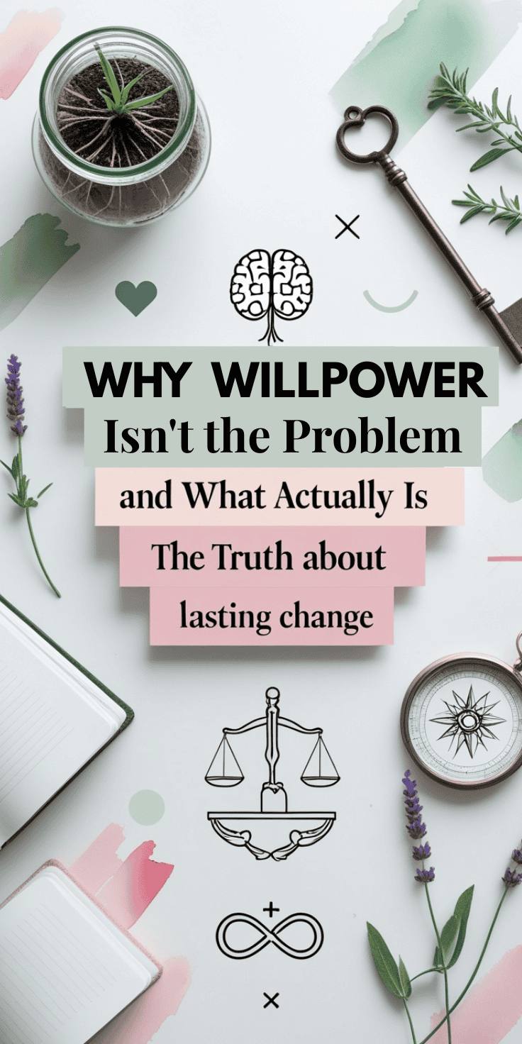 A flat lay with a notebook, compass, key, lavender sprigs, and a potted plant. The text reads: “Why willpower isn’t the problem and what actually is: the truth about lasting change.” Illustrations of a brain, scales, and infinity symbol highlight lasting change.