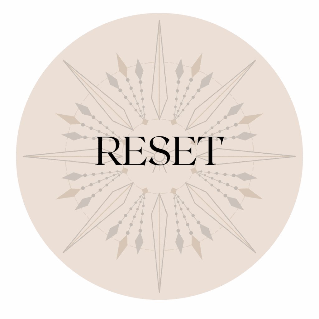 A geometric starburst design with pointed rays and lines radiating outward, centered on the bold black text RESET and the phrase Diets Dont Work, all set against a light beige background.