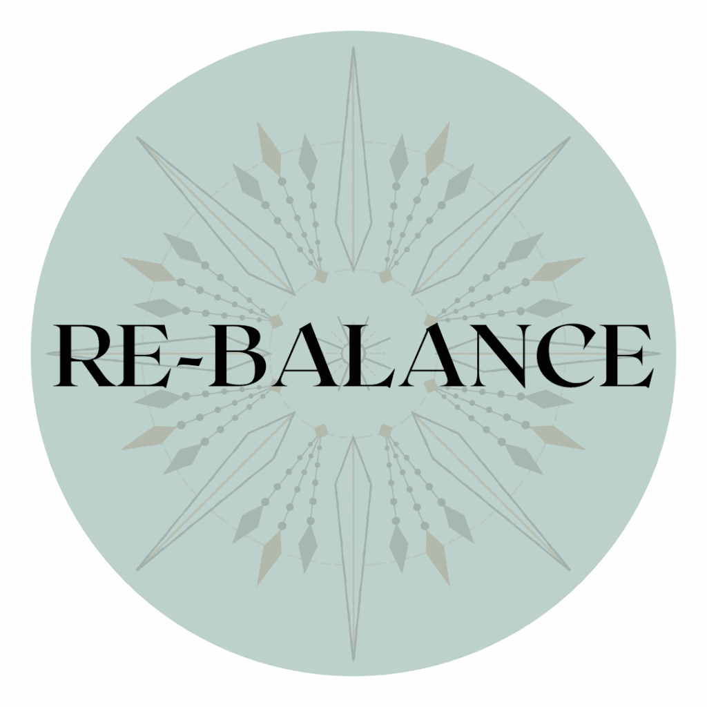 A light green circle with a geometric starburst design in the background and the phrase Diets Dont Work alongside RE-BALANCE in bold black letters centered across the middle.