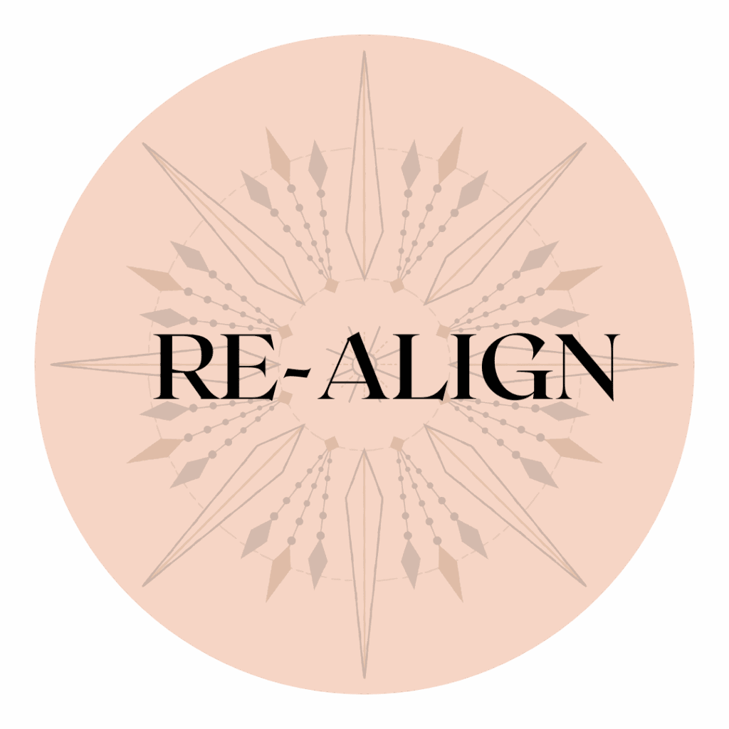 A circular, pale peach background with a faint, intricate geometric starburst pattern. The bold black text RE-ALIGN, inspired by the idea that Diets Dont Work, is centered over the pattern.