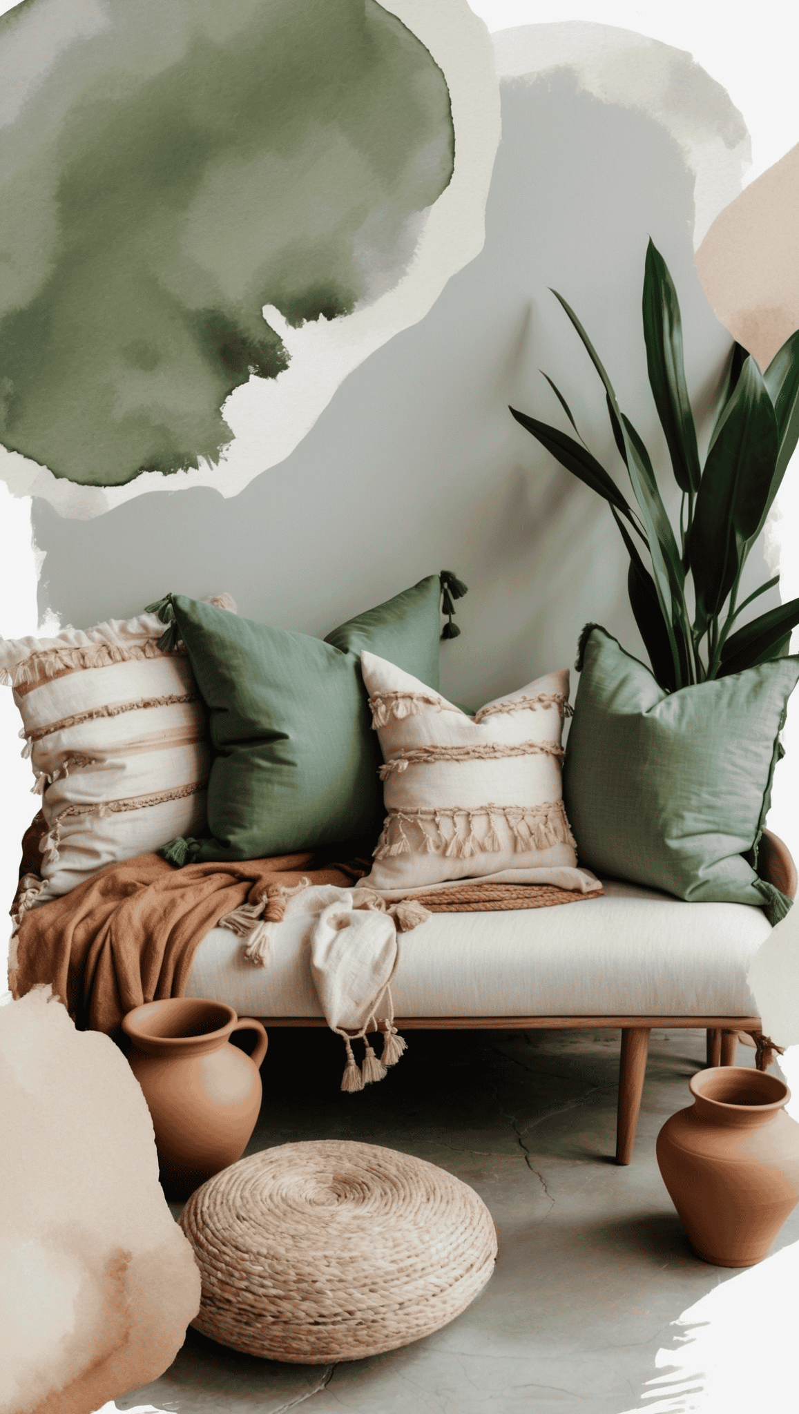 A modern cozy living room becomes a Boho Sanctuary with a cream sofa, green and beige cushions, tan blanket, potted plant, clay pots, and a woven round basket. Abstract green and beige watercolor shapes frame the image.