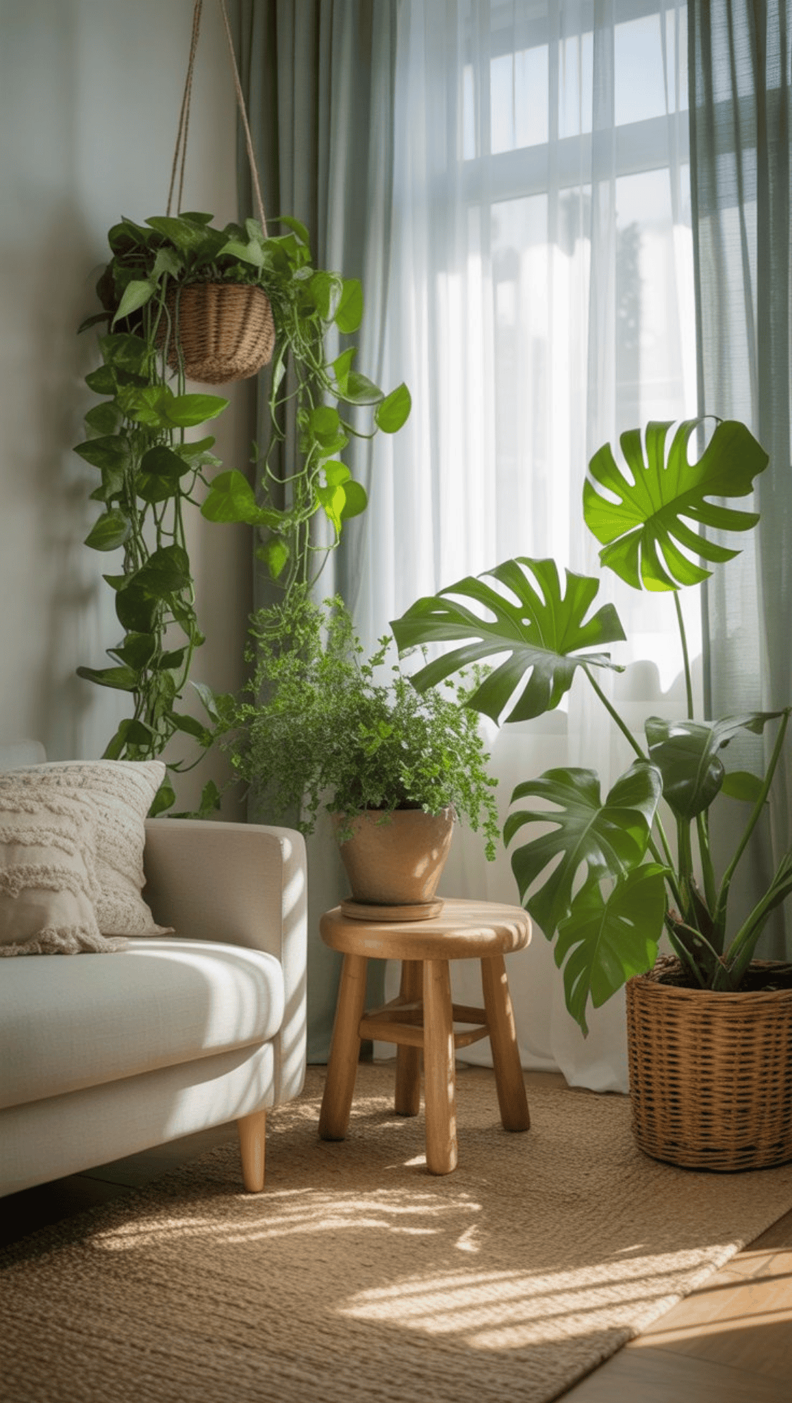 A cozy Boho Sanctuary living room corner with a white sofa, a wooden stool holding a potted plant, a large monstera in a wicker basket, and hanging greenery near a sunlit window with sheer curtains.
