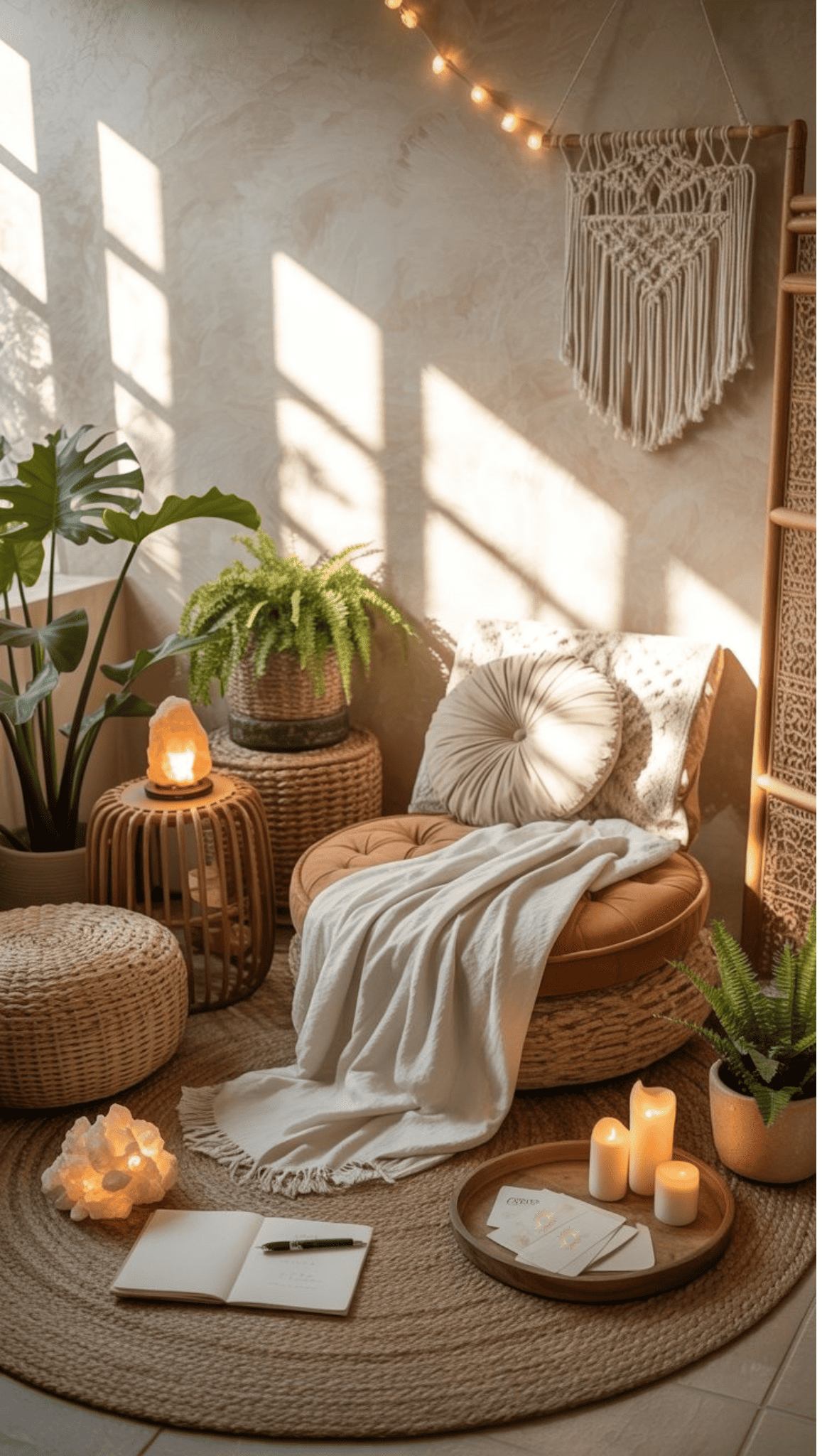 A cozy, sunlit Boho Sanctuary corner with a round cushion chair, blanket, candles, salt lamp, plants, open notebook, and macramé wall art on a woven rug creates a warm, relaxing atmosphere.