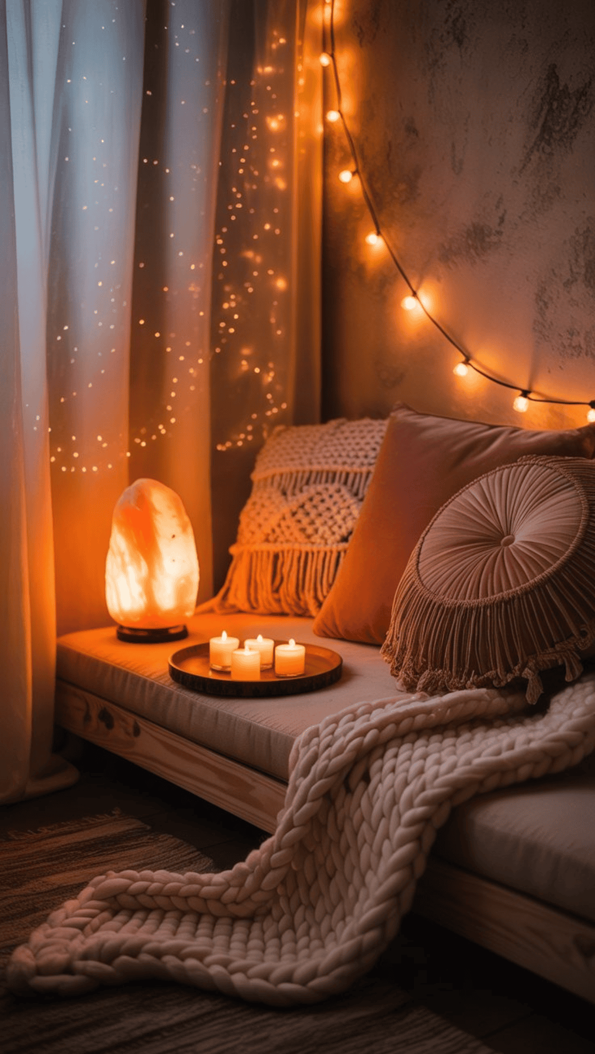 A cozy Boho Sanctuary nook with a knit blanket, tasseled pillows, a glowing salt lamp, and lit candles on a tray. Warm fairy lights hang on the wall as soft natural light filters through sheer curtains.