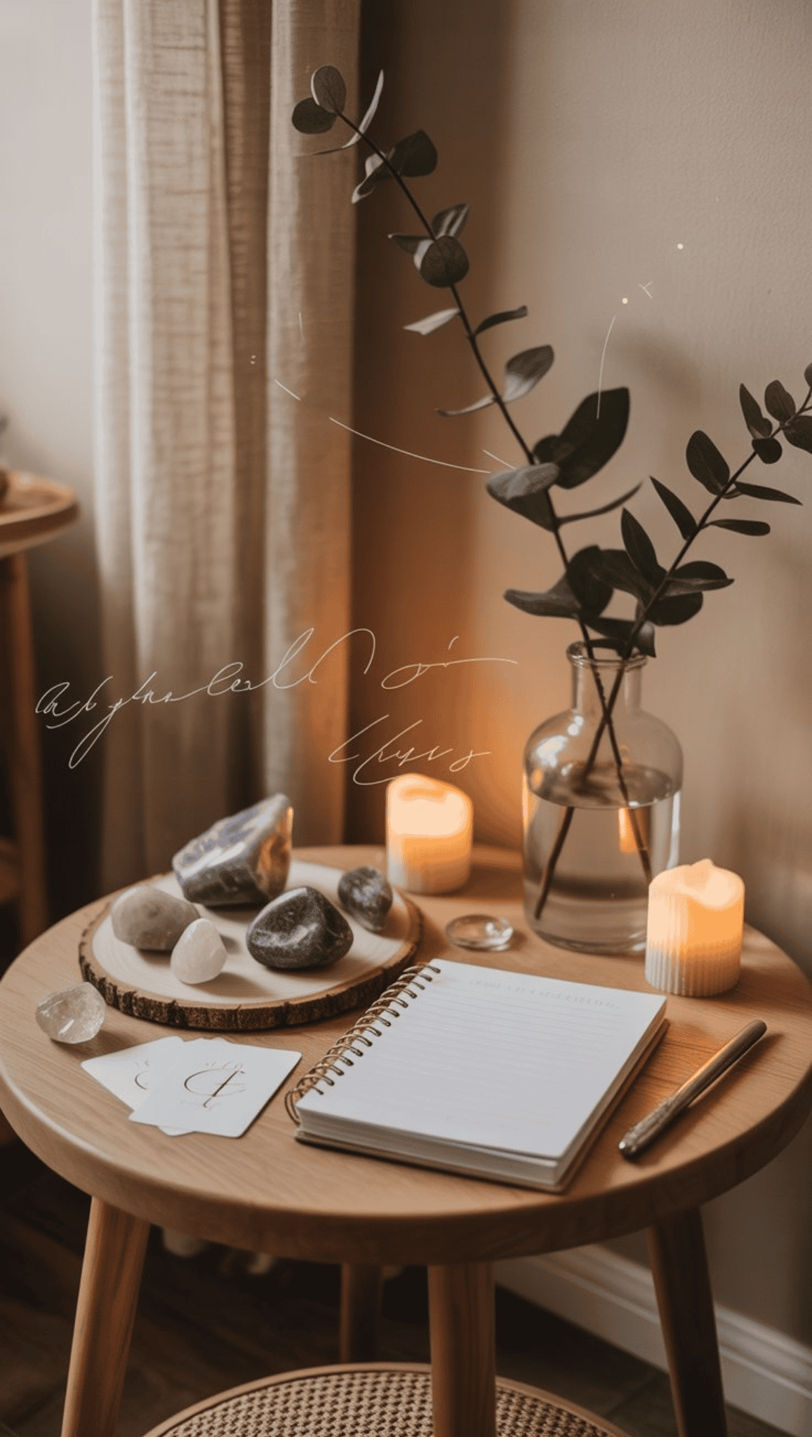 A cozy Boho Sanctuary tabletop with candles, crystals, a glass vase holding a leafy branch, an open notebook, a pen, and soft natural light from a window creates a calm and inviting atmosphere.