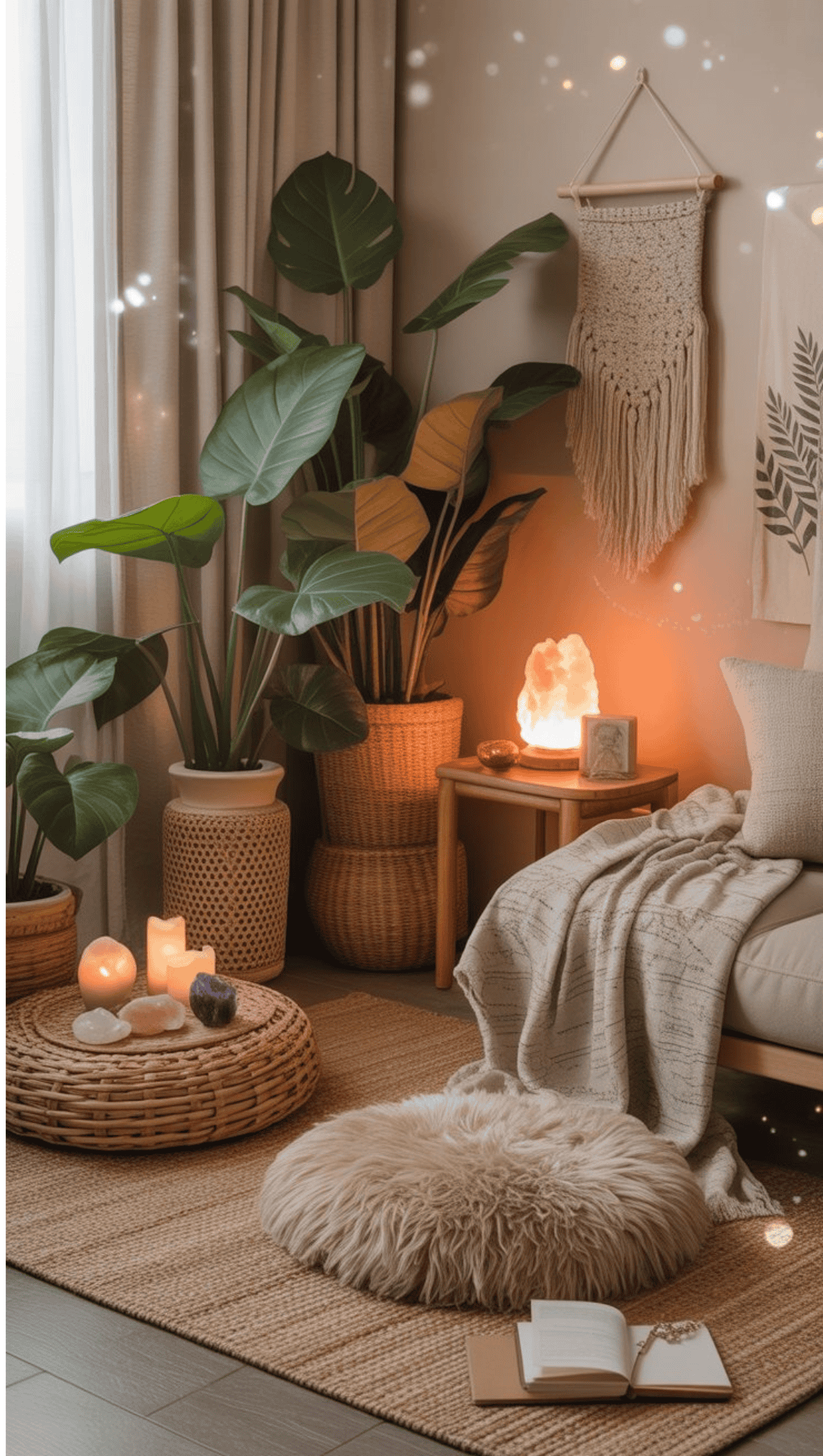 Cozy living room transformed into a Boho Sanctuary with potted plants, a salt lamp, candles, woven pouf, fluffy cushion, open book, macrame wall art, and a textured blanket on a beige sofa, all softly lit by warm ambient lighting.