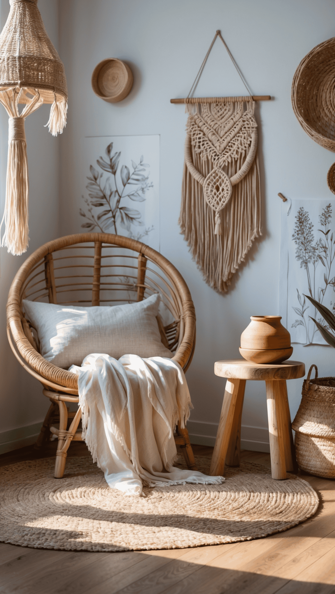 A cozy Boho Sanctuary featuring a wicker chair, white pillow, cream throw, wooden stool with a clay vase, woven rug, and macramé wall hanging, surrounded by botanical prints and soft natural light.