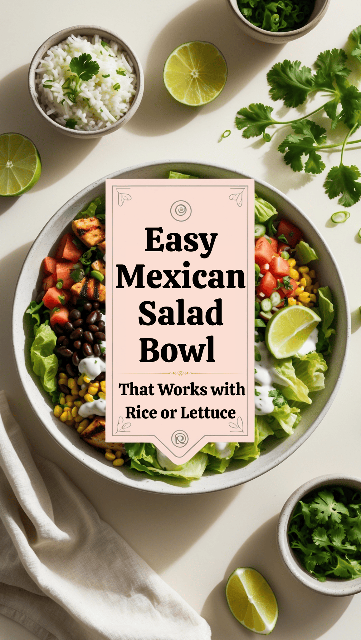A vibrant Mexican Salad Bowl filled with lettuce, corn, black beans, diced tomatoes, avocado, sour cream, and lime wedges. Rice, lime halves, cilantro, and a napkin surround the bowl. Text overlay reads: “Easy Mexican Salad Bowl.”.