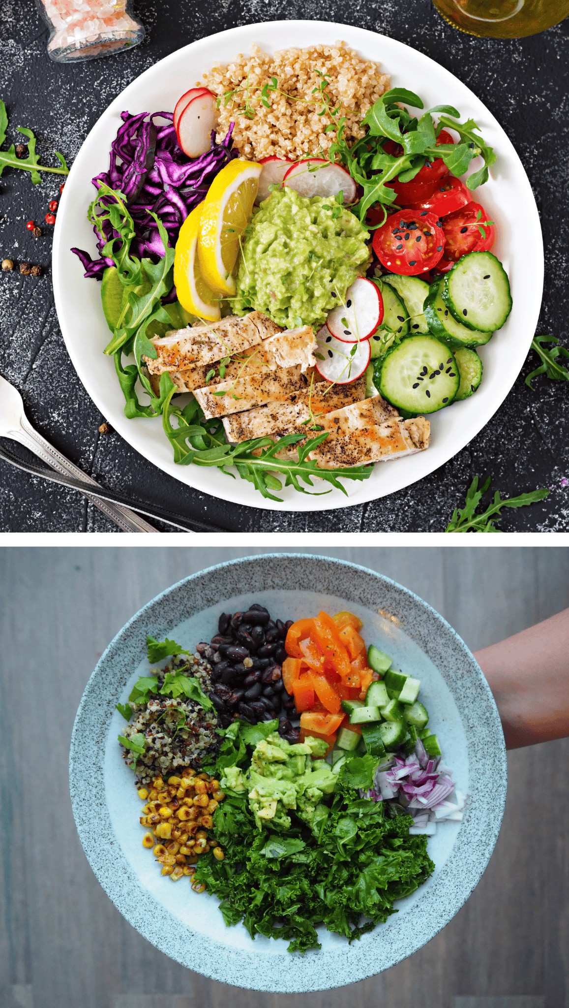 Two colorful Mexican Salad Bowls are pictured: the top bowl features grilled chicken, guacamole, grains, tomatoes, cucumber, radish, cabbage, and greens; the bottom bowl is filled with beans, corn, tomatoes, onion, guacamole, and fresh greens.