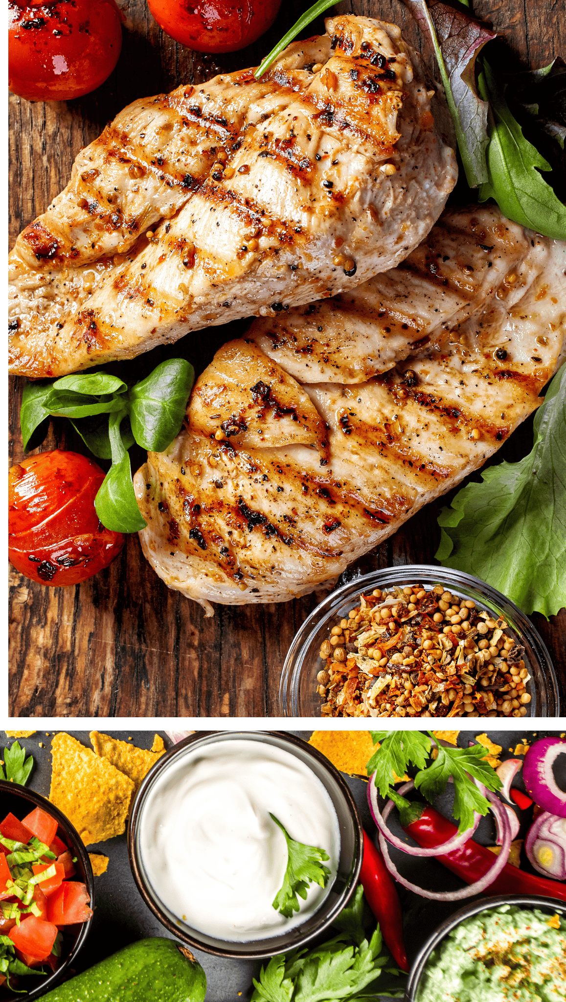 Grilled chicken breasts on a wooden board with grilled tomatoes, leafy greens, and spices—served alongside small bowls of sour cream, salsa, and fresh vegetables for the perfect Mexican Salad Bowl experience.