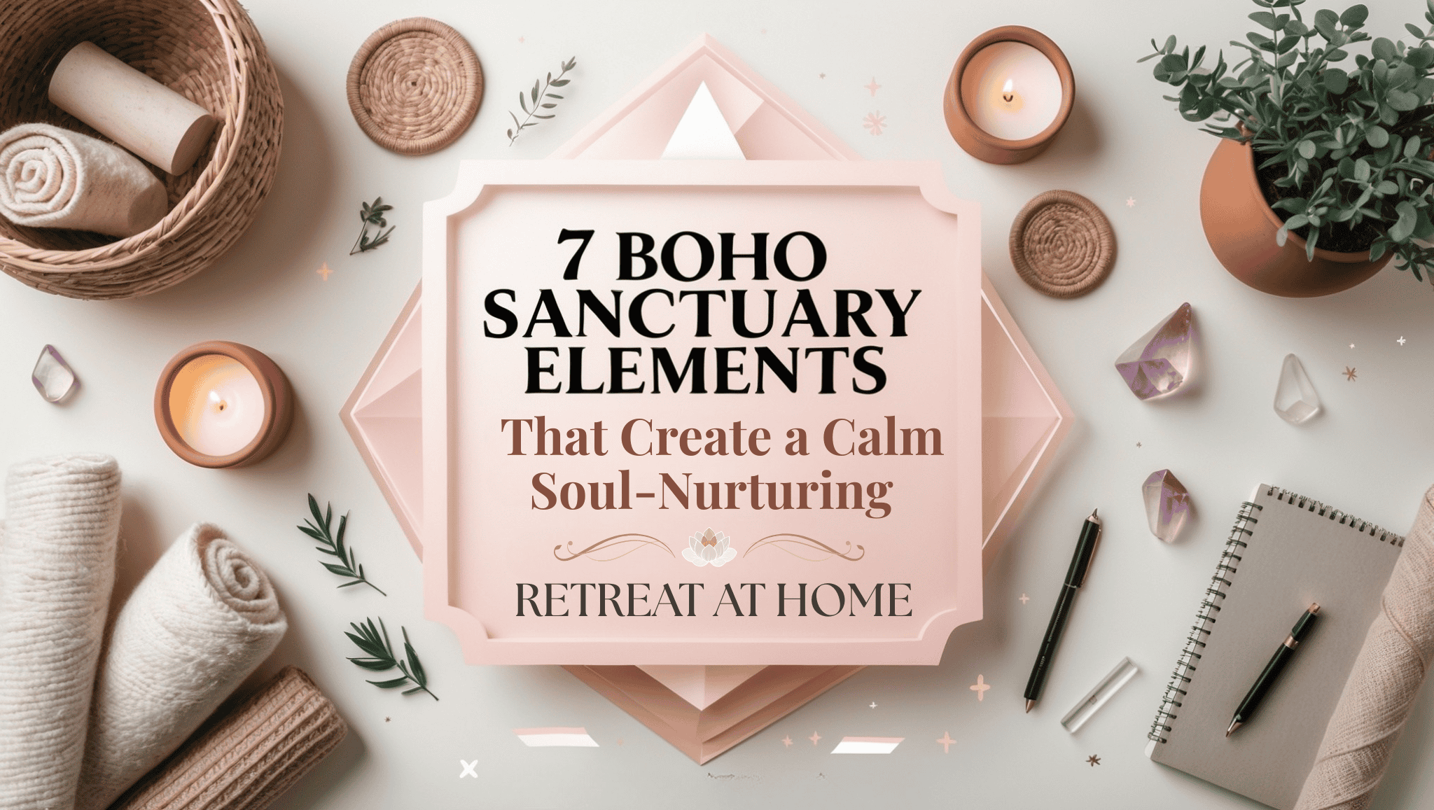 A serene flat lay with candles, towels, crystals, plants, a notebook, and a pen surrounds a sign reading: 7 Boho Sanctuary Elements That Create a Calm Soul-Nurturing Retreat at Home. Embrace the tranquil vibes of your own Boho Sanctuary.