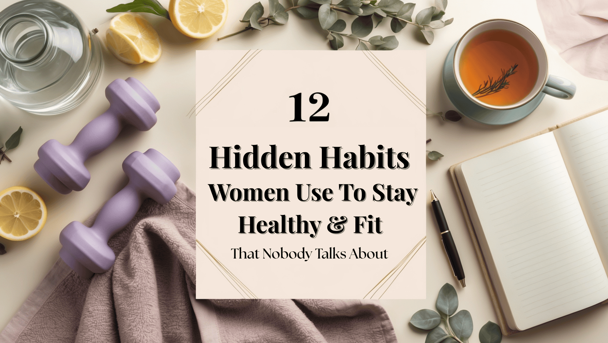 A flat lay of fitness and wellness items—dumbbells, towel, cup of tea, lemon slices, notebook, and greenery. Centered text reads: 12 Hidden Habits Women Use To Stay Healthy and Fit That Nobody Talks About.