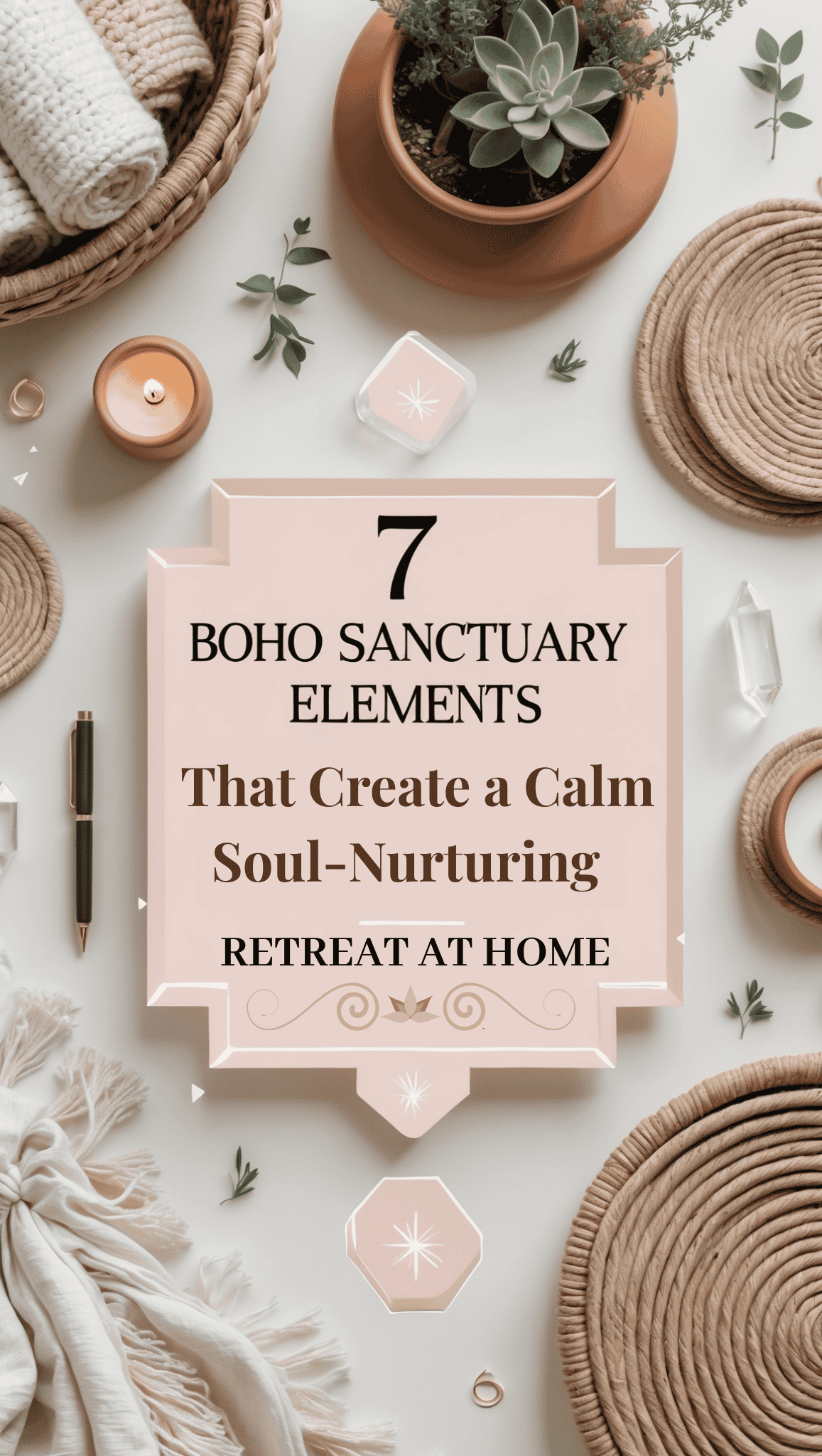 Flat lay of woven baskets, cozy blankets, candles, crystals, potted plants, and a journal surrounds a sign reading “7 Boho Sanctuary Elements That Create a Calm Soul-Nurturing Retreat at Home.”.