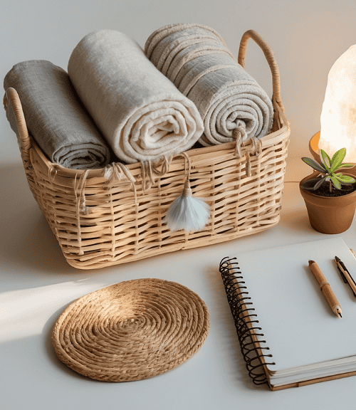 A calming Boho Sanctuary workspace with a notebook, pens, woven coasters, a basket of rolled towels, folded blanket, potted plants, crystals, a glowing salt lamp, and a lit candle on a white surface.