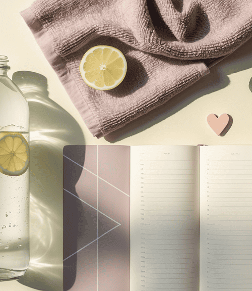 A neatly arranged scene with an open notebook, pen, purple dumbbells, a cup of tea, a towel with a lemon slice, and a water bottle with lemon on a light surface evokes the ambiance of staying healthy and fit through wellness and self-care rituals.