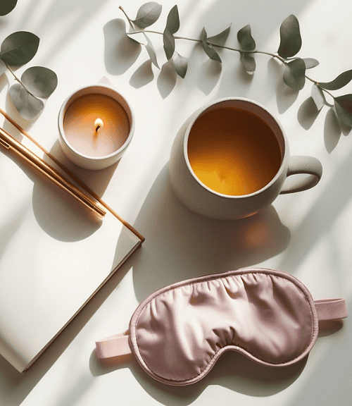 Cozy scene with a knit blanket, open notebook and gold pen, lit candle, cup of tea, pink sleep mask, and green eucalyptus branches on a white surface—perfect for calming the nervous system in soft sunlight.