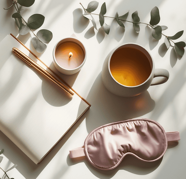 Cozy scene with a knit blanket, open notebook and gold pen, lit candle, cup of tea, pink sleep mask, and green eucalyptus branches on a white surface—perfect for calming the nervous system in soft sunlight.