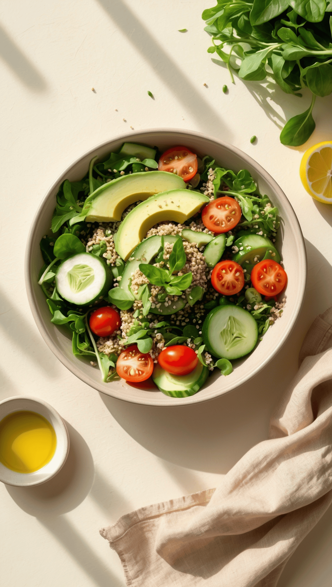 A bowl of fresh salad with avocado slices, cherry tomatoes, cucumber, greens, and grain, garnished with seeds. Nearby are a lemon wedge, olive oil, leafy greens, and a beige napkin—perfect for staying healthy and fit.