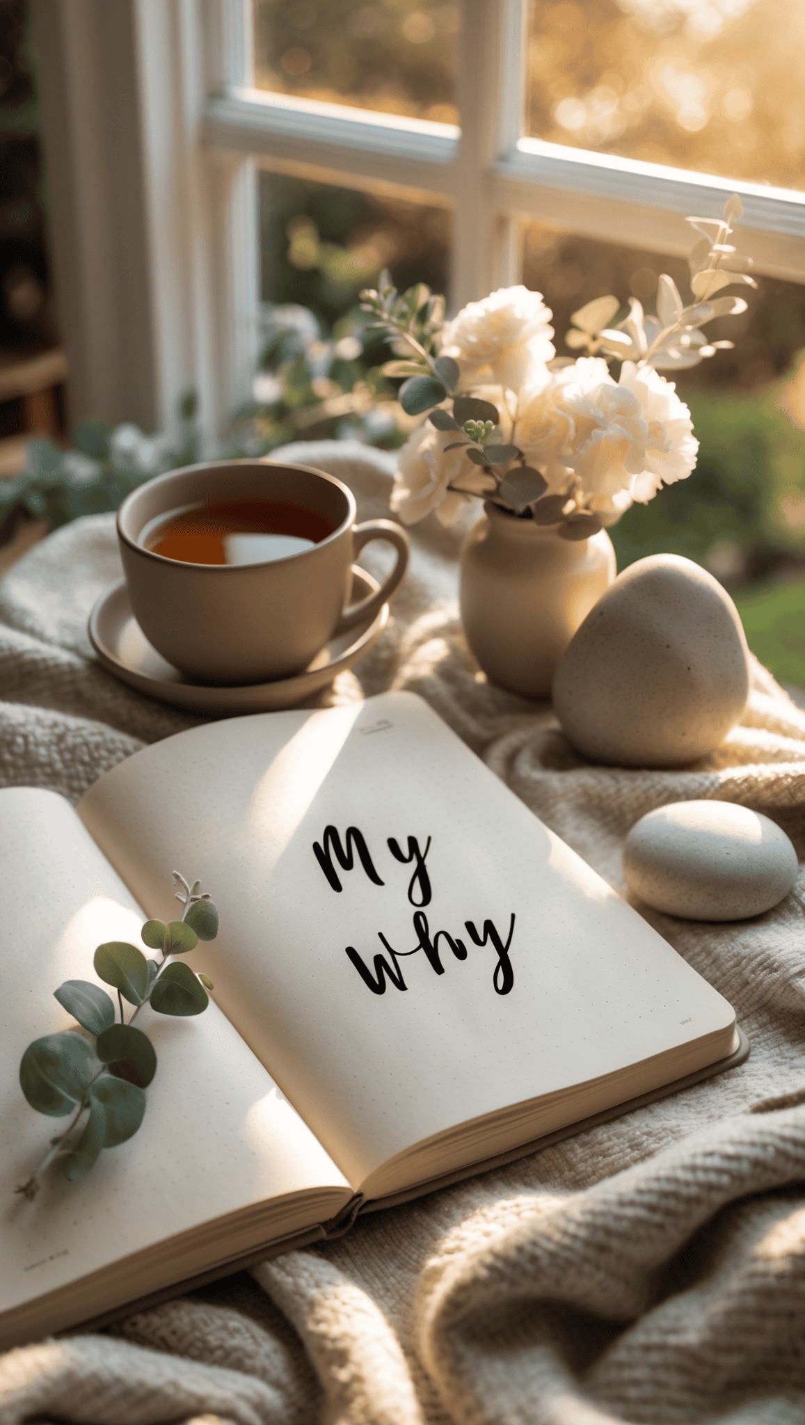An open notebook with My Why written inside lies on a cozy blanket near a sprig of greenery, a cup of tea, white flowers in a vase, and smooth stones by a sunlit window—perfect for reflecting on goals to stay healthy and fit.