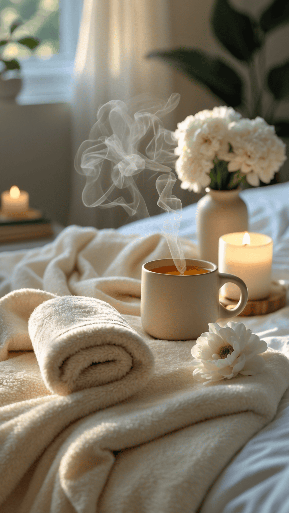 A cozy scene with a steaming mug on a bed, next to a rolled towel, a white flower, and a lit candle creates the perfect setting for relaxing after staying healthy and fit—all bathed in soft natural light from a nearby window.