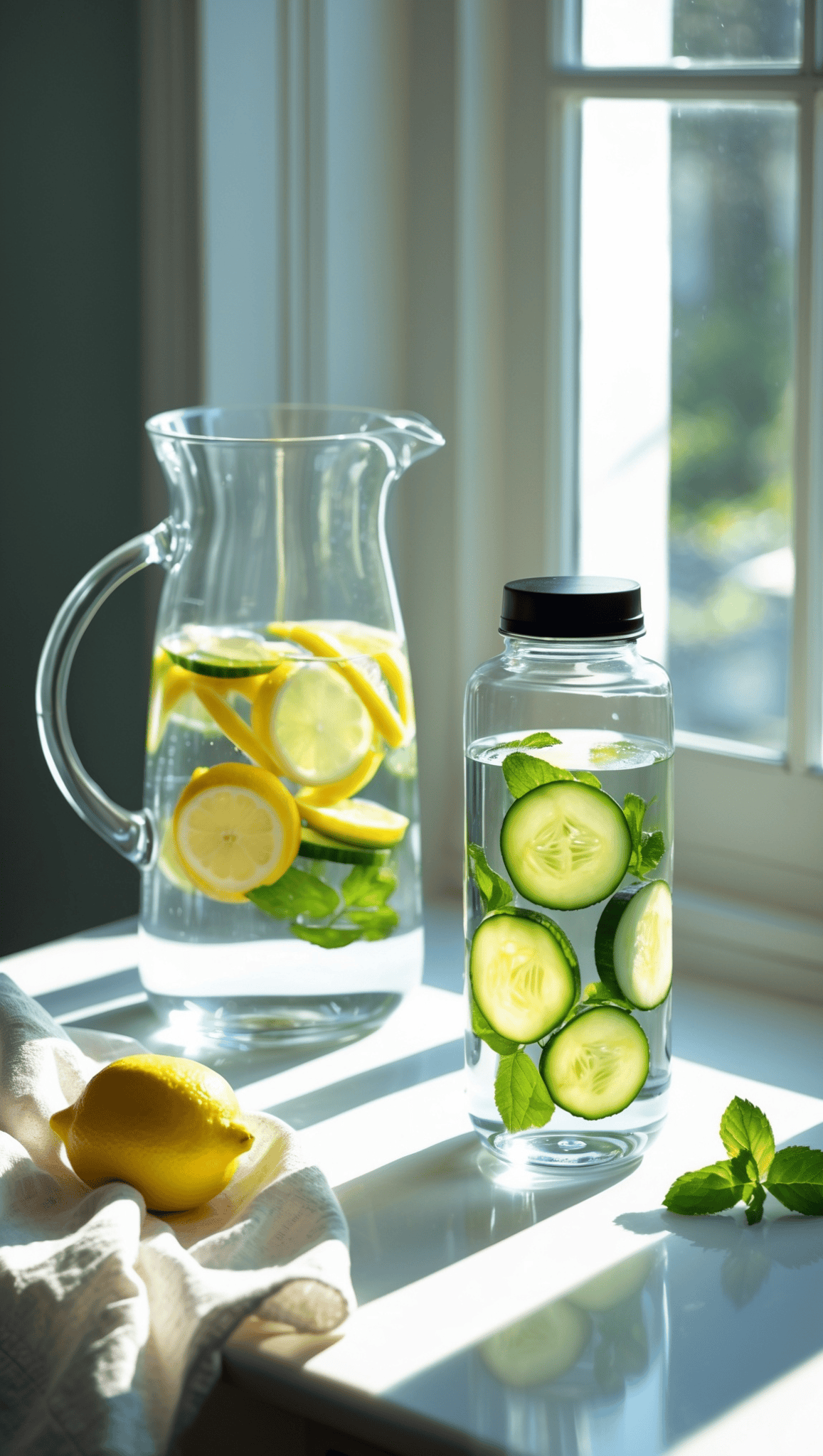 A glass pitcher and a bottle filled with water, lemon slices, cucumber slices, and mint leaves sit on a sunlit windowsill—perfect for staying healthy and fit. A lemon and mint sprigs rest nearby on a white cloth.