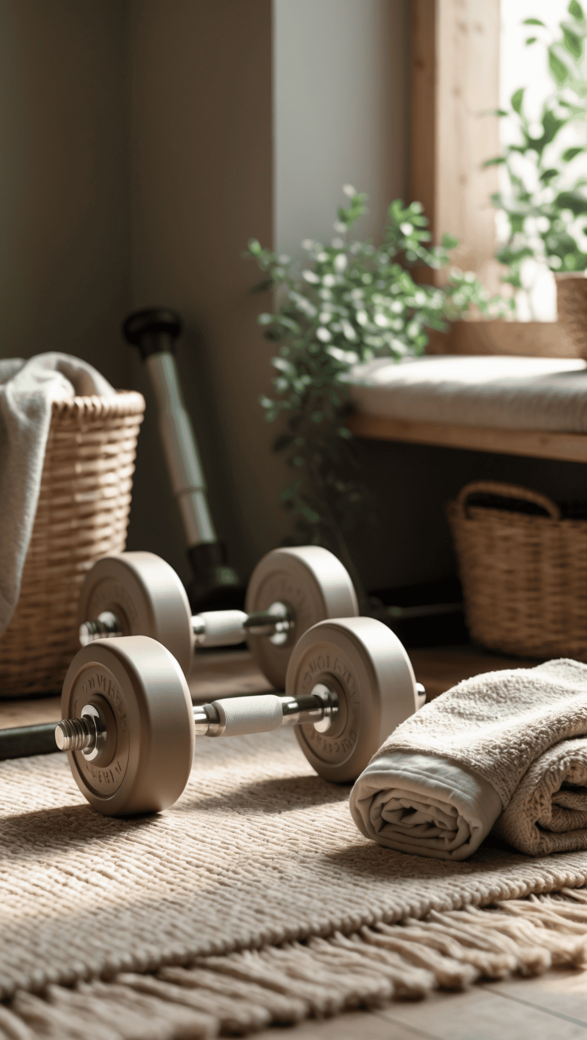 A pair of dumbbells sit on a woven rug in a cozy, sunlit room with rolled towels, wicker baskets, and green plants near a window, creating a calm, inviting space to stay healthy and fit.