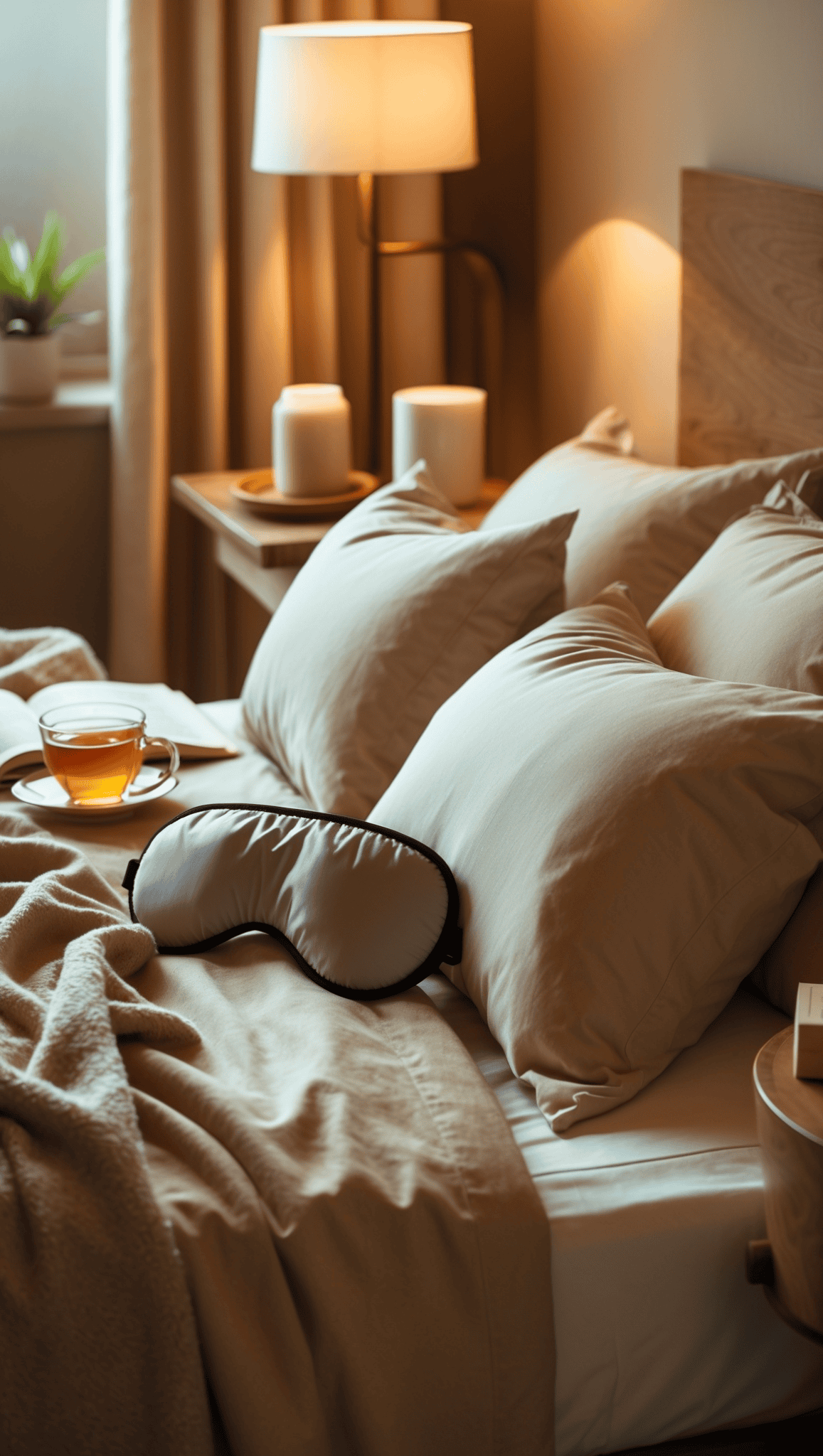 A cozy, softly lit bedroom features a bed with beige bedding, a sleep mask, and a cup of tea on a saucer—perfect for unwinding after a healthy and fit day—while candles beside a lamp on the wooden nightstand create a calm and relaxing atmosphere.