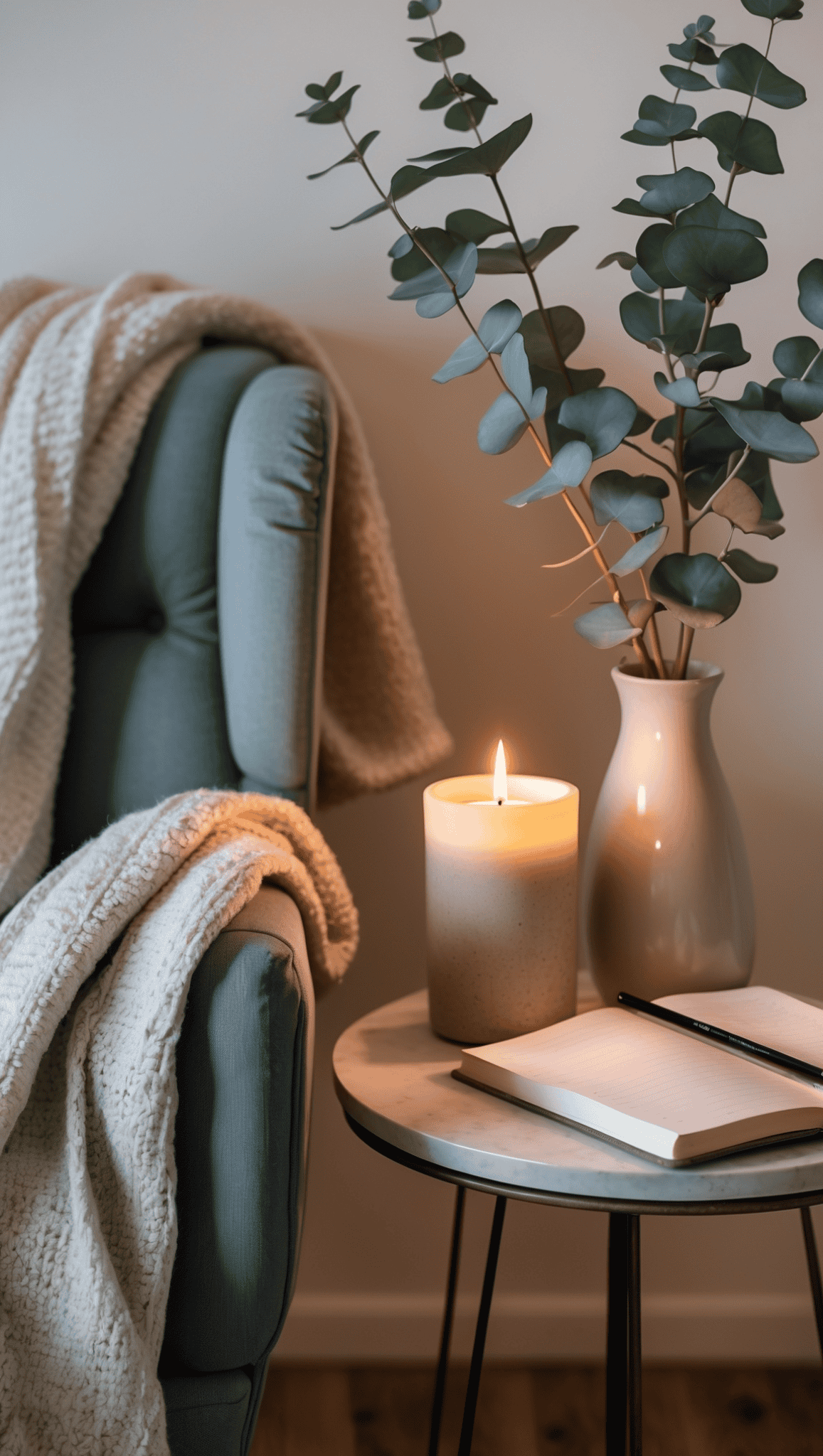 A cozy scene with a light blue armchair draped in a cream blanket, next to a round table holding a lit candle, a vase with eucalyptus branches, and an open notebook with tips for staying healthy and fit.