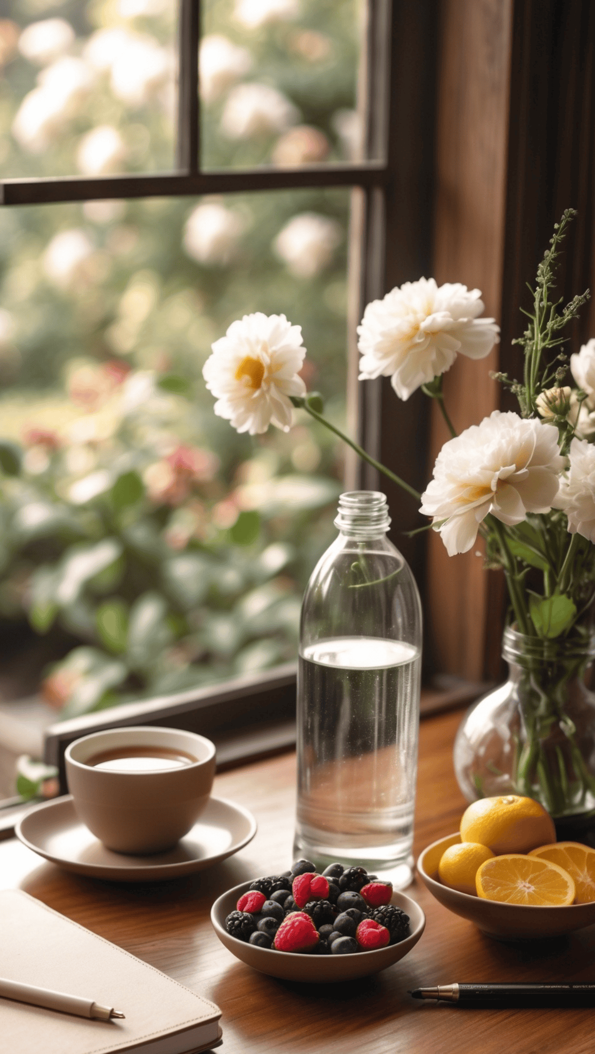 A cozy table by a window with a cup of tea, a glass bottle of water, a bowl of mixed berries for staying healthy and fit, a plate of lemon halves, a notebook with a pen, and vases with white flowers. A garden is visible outside.
