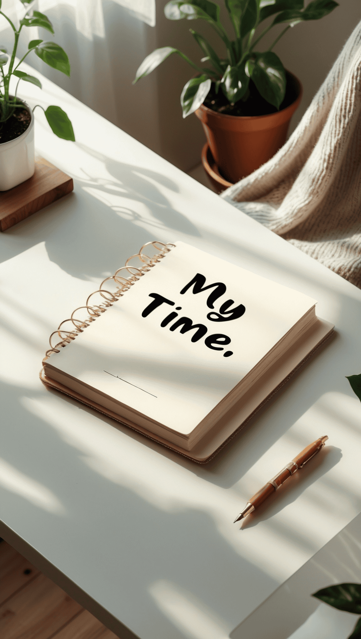 A spiral notebook on a sunlit desk with My Time. written on the cover, surrounded by potted plants, a cozy blanket, and a pen, creating a calm atmosphere perfect for jotting down your healthy and fit journey.