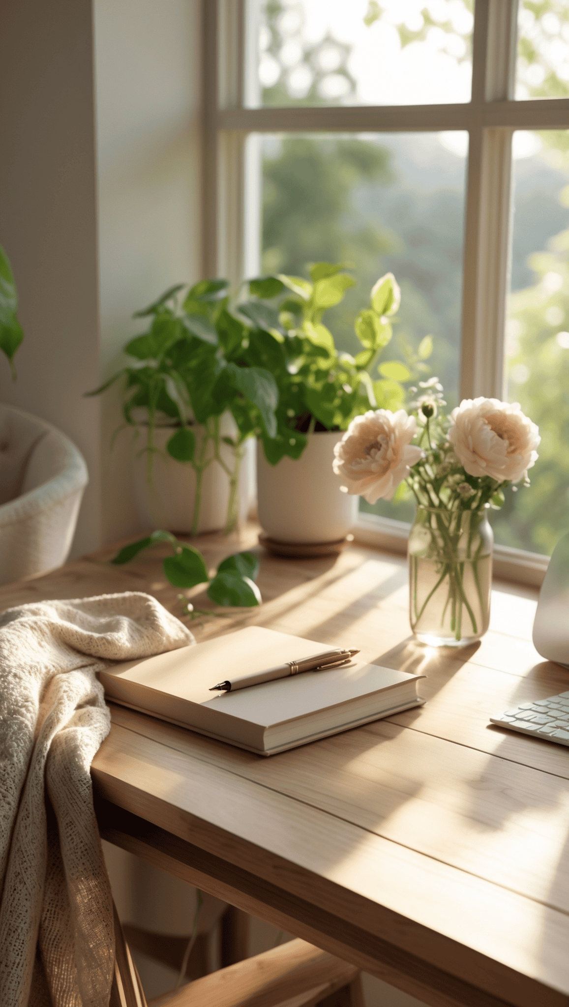 A sunny desk by a window with a notebook and pen, a cozy blanket draped over a chair, potted plants, and a vase of light-colored flowers, creating a calm and inviting workspace that inspires you to feel healthy and fit.