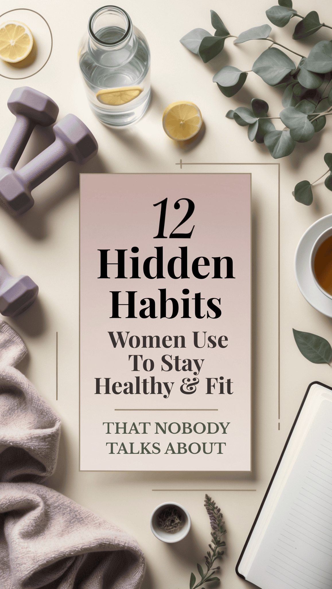 A flat lay with a sign reading “12 Hidden Habits Women Use To Stay Healthy & Fit That Nobody Talks About,” surrounded by dumbbells, a glass of water, lemon slices, a tea cup, eucalyptus leaves, and a towel for staying healthy and fit.