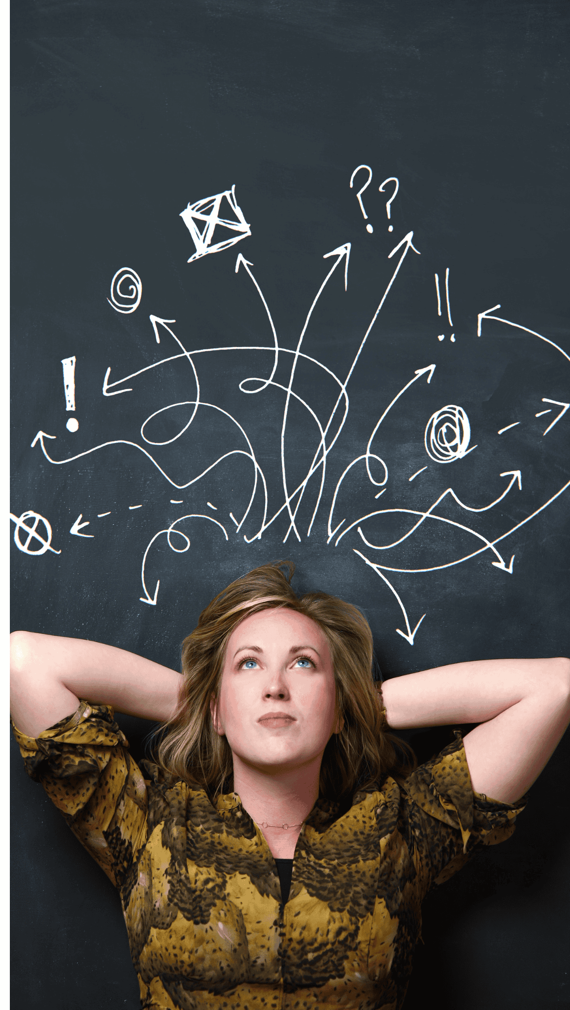 A woman lies back with hands behind her head, looking upward thoughtfully. Behind her, a blackboard features white chalk sketches—arrows, question marks, and shapes—symbolizing the activity of her nervous system as she ponders.