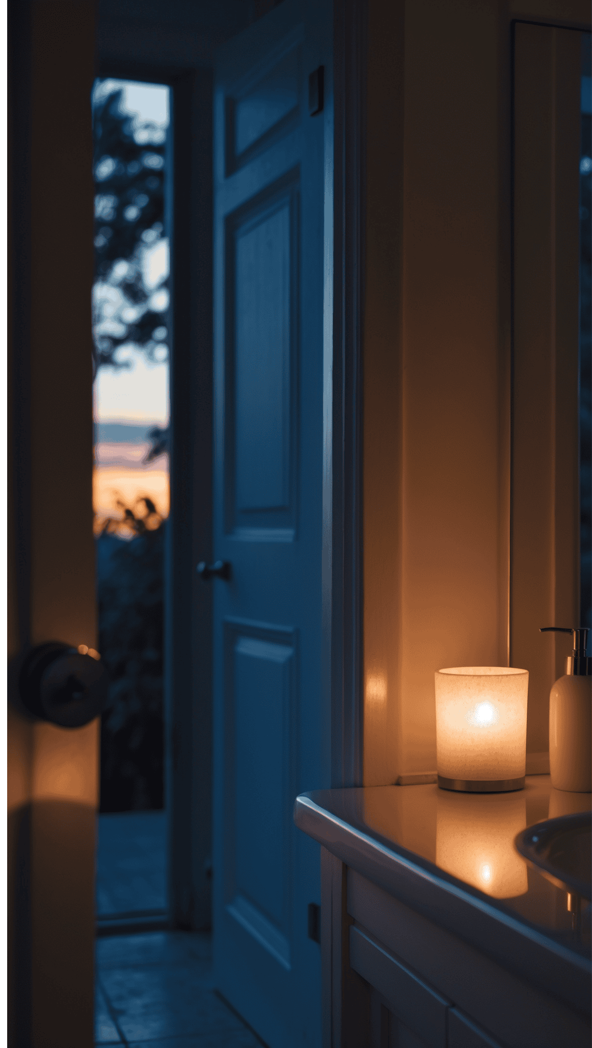 A lit candle on a bathroom counter casts a warm glow, setting the scene for a relaxing Night Shower Routine; an open door reveals a dimly lit hallway and the faint light of sunset outside.