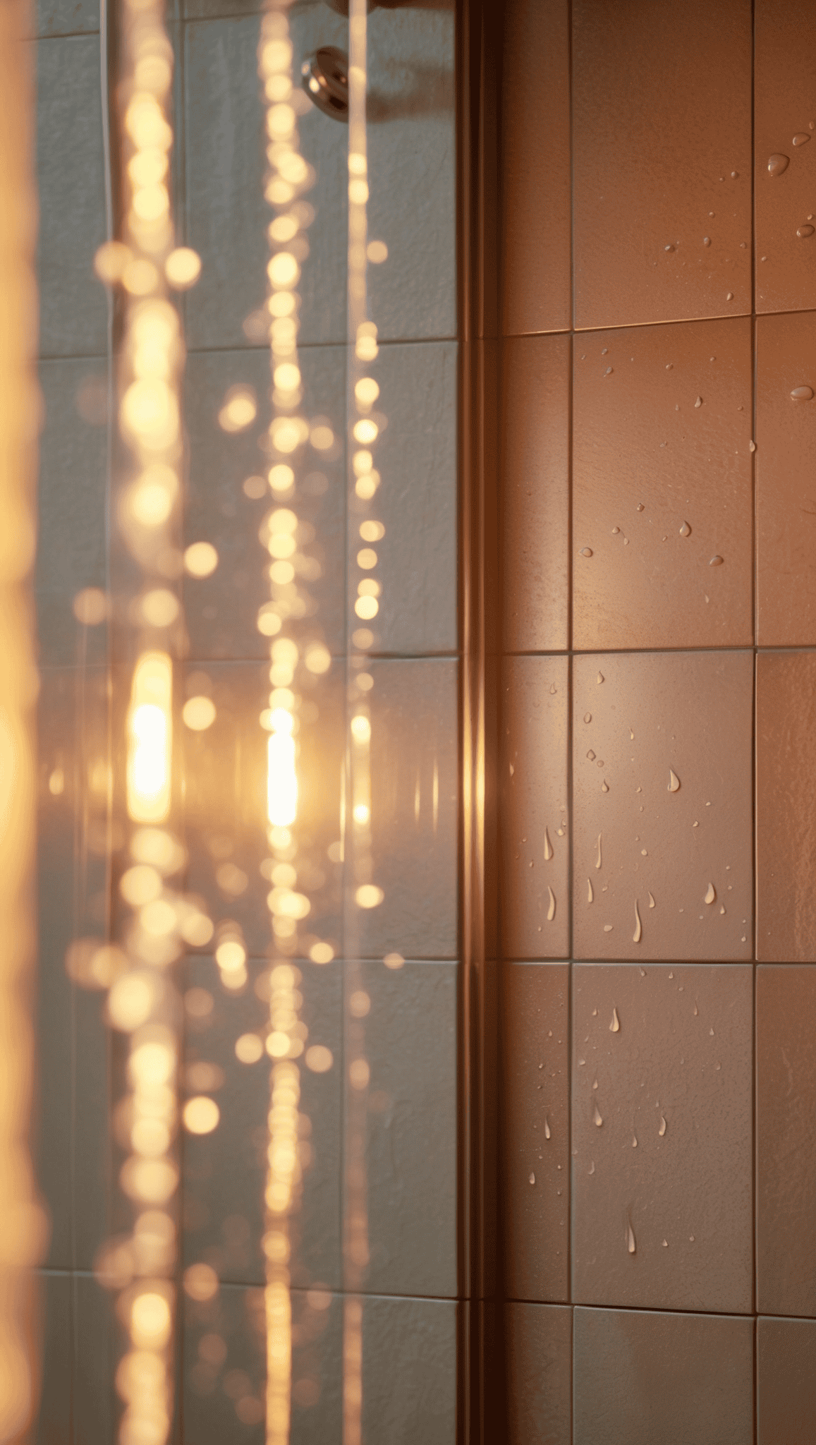 Sunlight shines through a steamy shower, illuminating water droplets on a tiled wall and glass shower door, creating a warm, golden ambiance—the perfect setting to inspire your night shower routine.