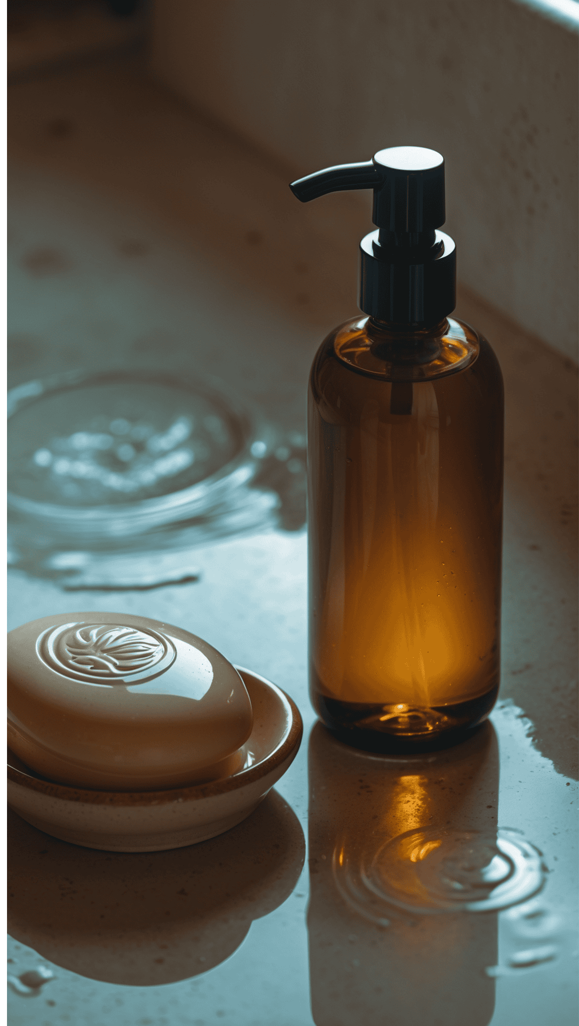 A brown glass soap dispenser and a bar of soap on a dish rest on a wet bathroom countertop, water puddles reflecting light—perfect for your relaxing Night Shower Routine.