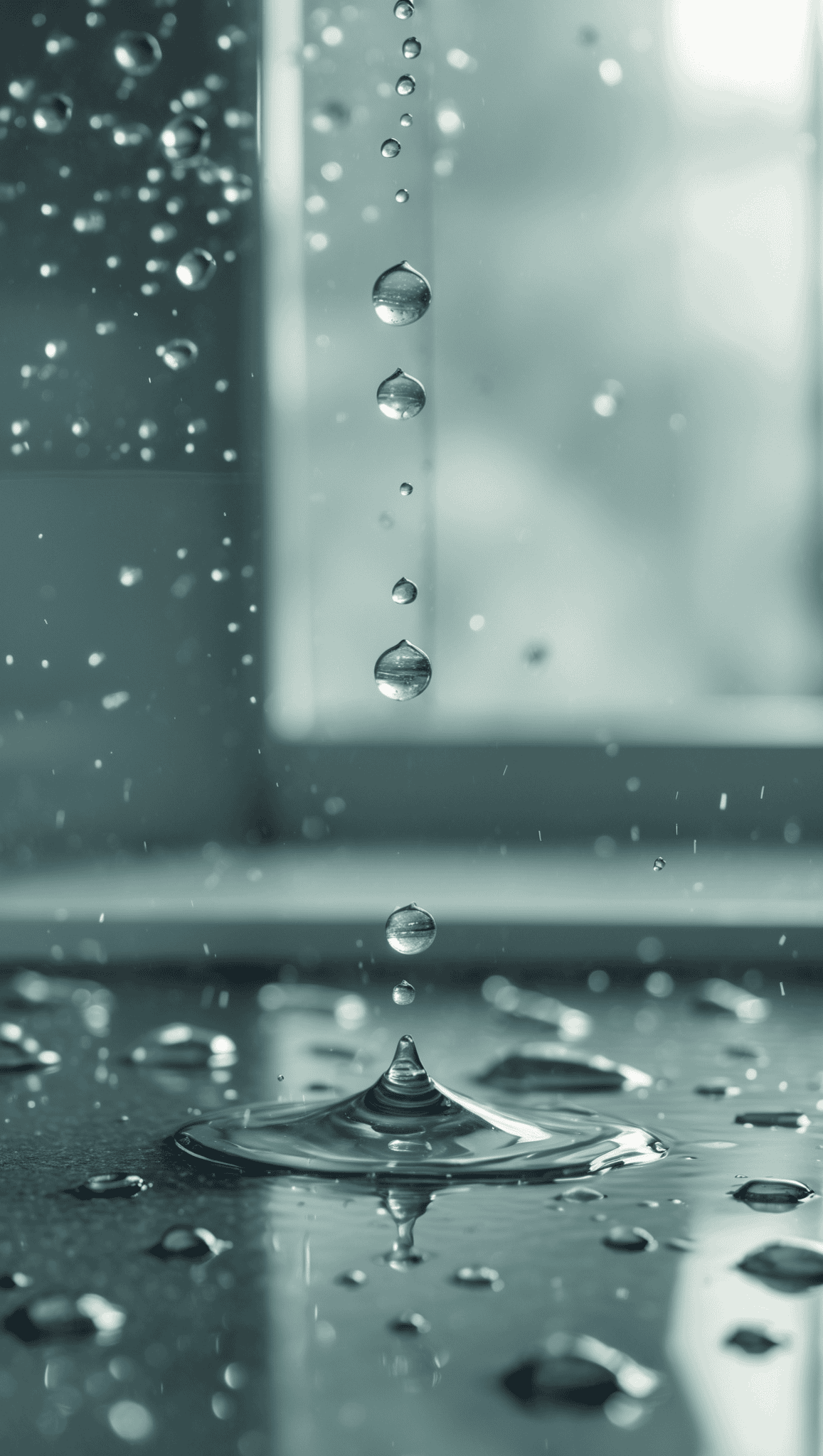 A close-up photo of water droplets falling in a vertical line, reminiscent of a soothing night shower routine, with one droplet creating ripples on a reflective surface; the background is softly blurred in cool blue-green tones.