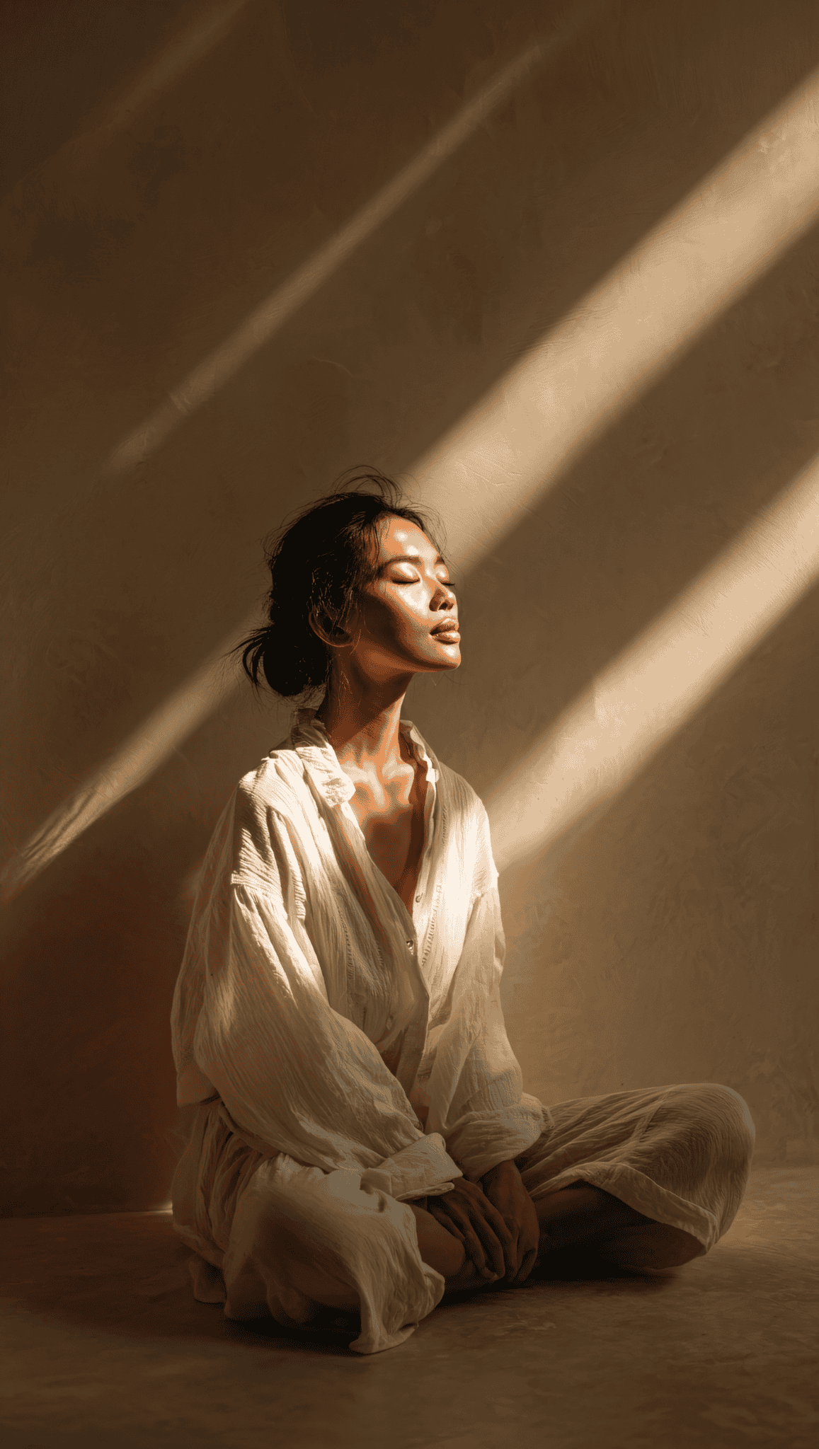 A woman in loose, light-colored clothing sits cross-legged on the floor, eyes closed, peacefully basking in warm sunlight—her calm demeanor reflects the serenity she feels after her soothing night shower routine.
