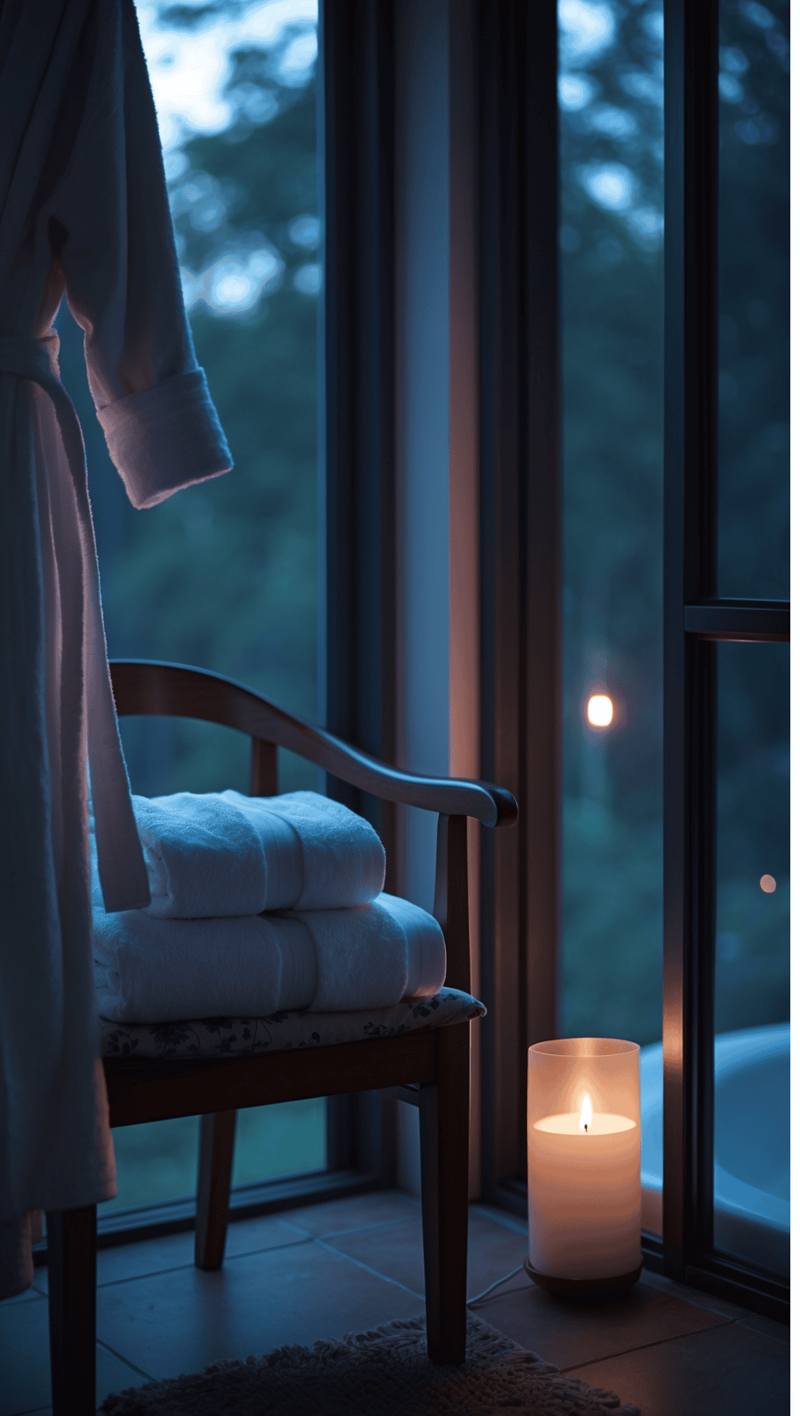 A cozy spa scene evokes a perfect Night Shower Routine, with a stack of white towels on a wooden chair, a plush bathrobe hanging nearby, and a lit candle glowing gently by the large window at dusk.