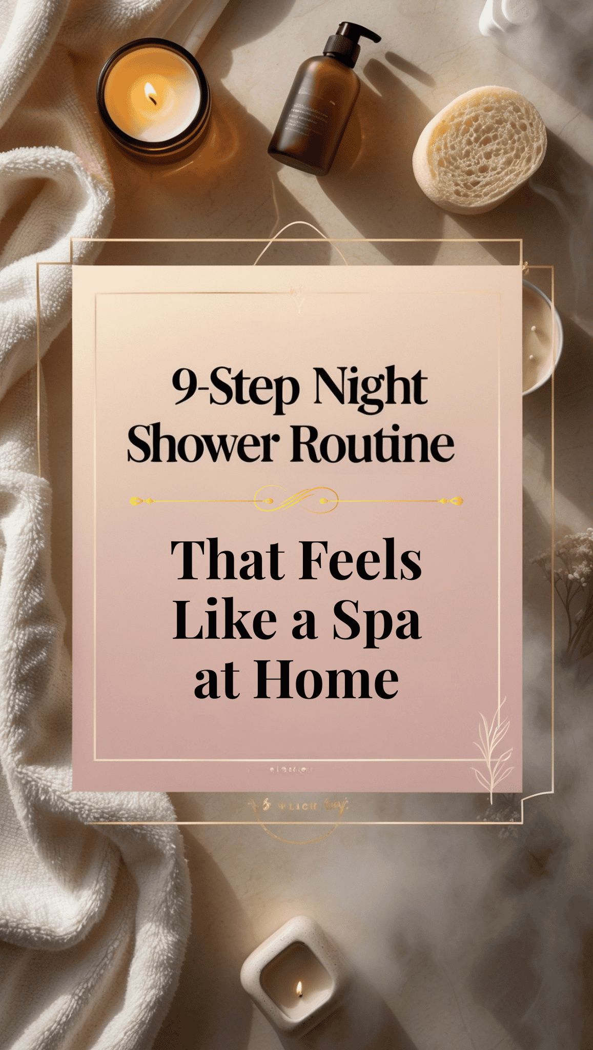 A flat lay of spa items—lit candle, oil bottle, bath sponge, and towel—surrounds a sign reading 9-Step Night Shower Routine That Feels Like a Spa at Home on a soft pink background. Perfect inspiration for your own relaxing night shower routine.