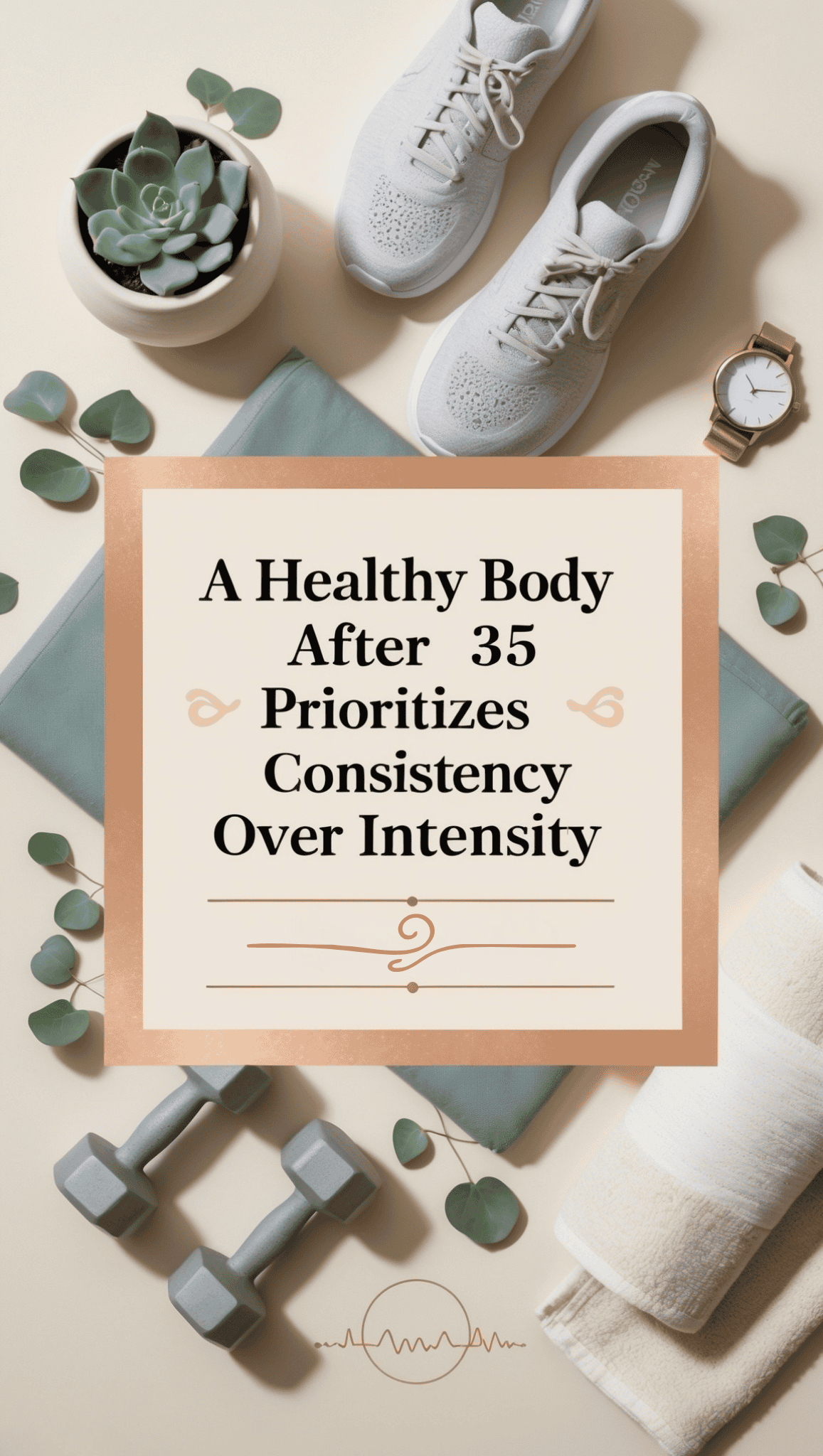 Flat lay of workout essentials—gray sneakers, dumbbells, a yoga mat, and more. Centered text reads: “Fit Really Means After 35 is prioritizing consistency over intensity for a healthy body.”.