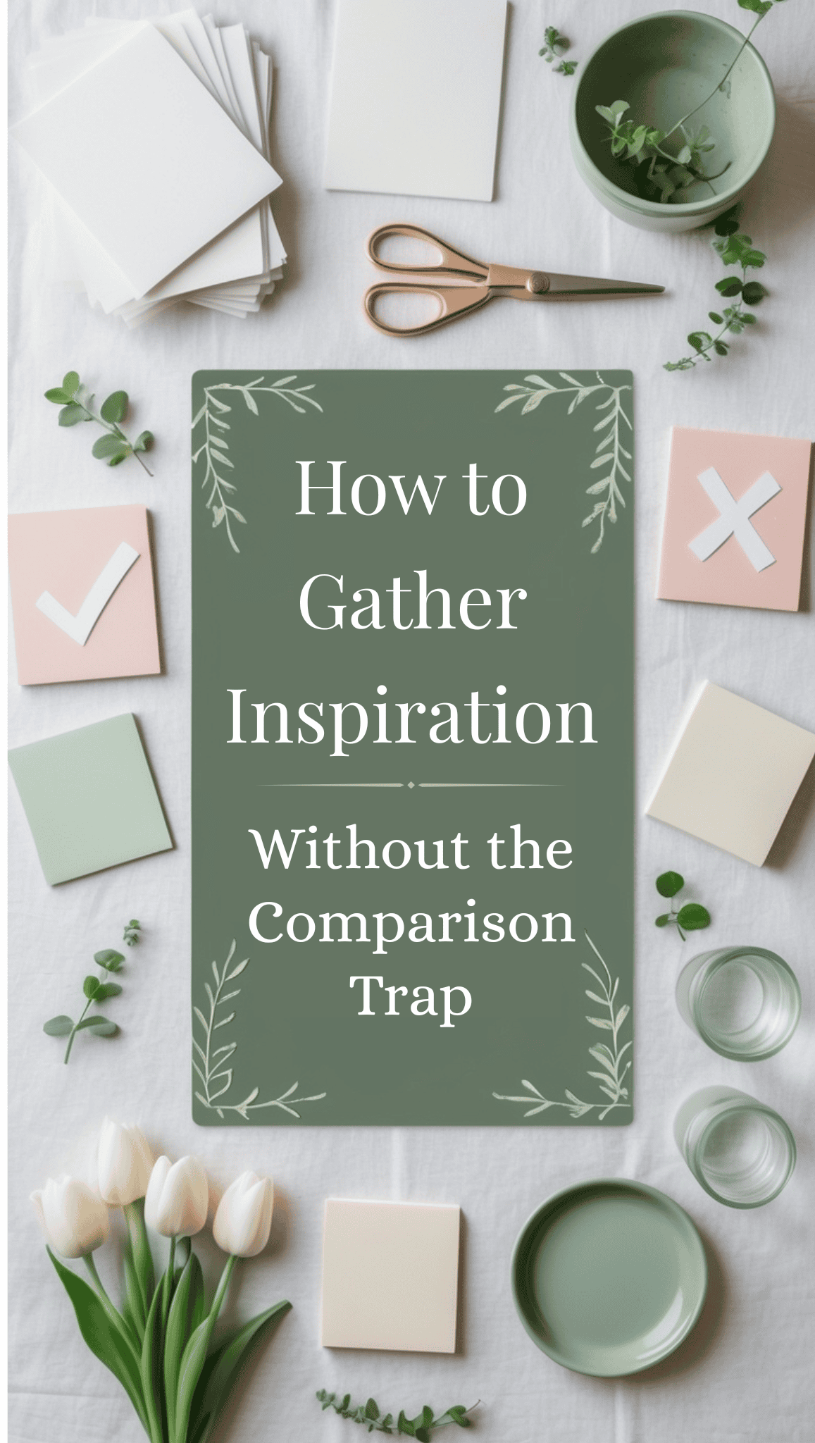 Flat lay of paper, scissors, tulips, a cup, and pastel note cards with check and X marks surround a sign that reads: How to Gather Inspiration Without the Comparison Trap—perfect for Fit Body Vision Board Ideas.