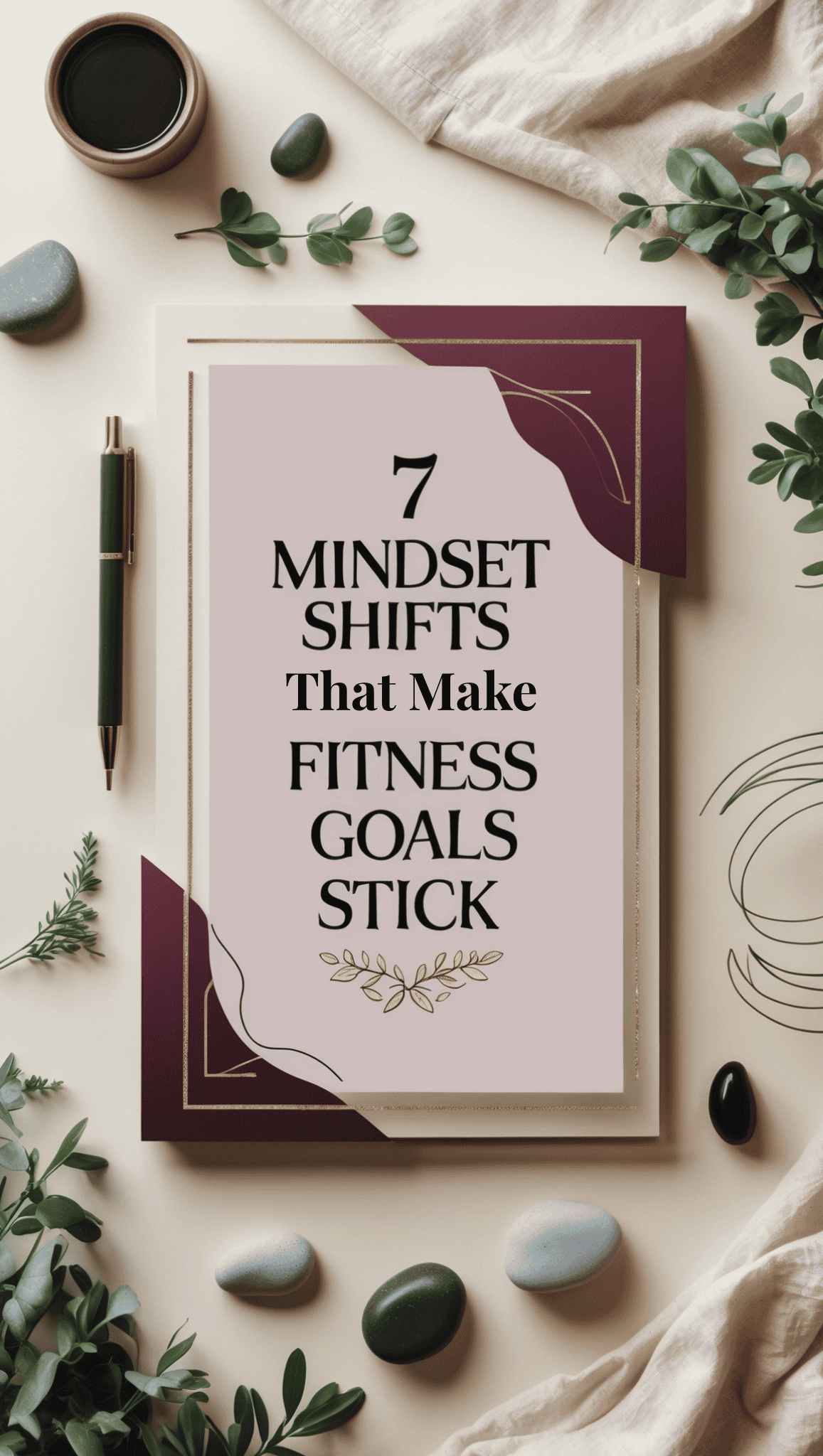 A journal titled 7 Mindset Shifts That Make Fitness Goals Stick is placed on a table with a pen, a cup of coffee, smooth stones, and green leaves—perfect for reflecting on new fitness goals.