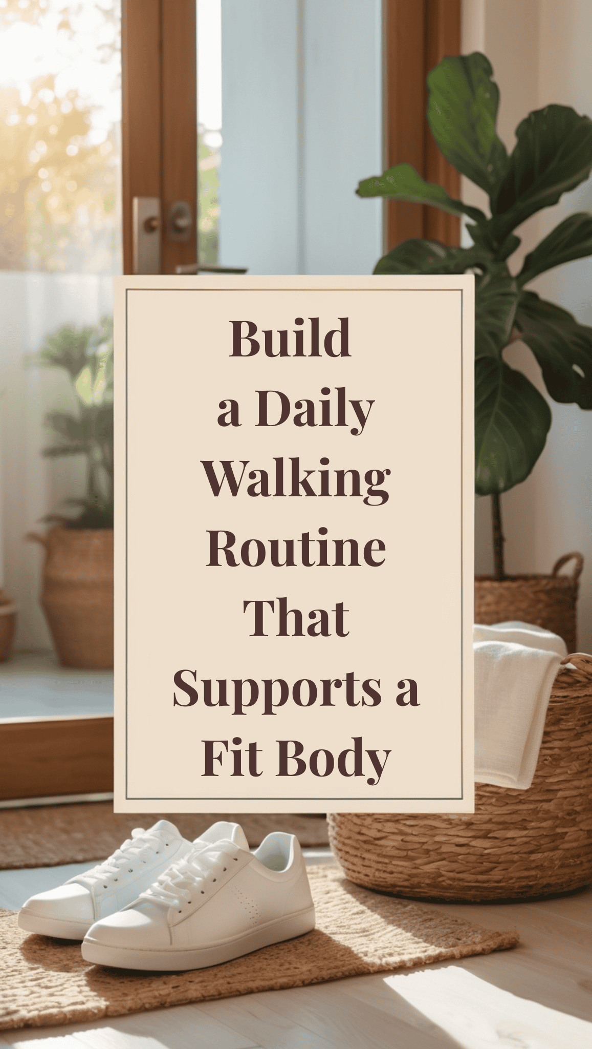 White sneakers rest on a sunny floor near cozy potted plants and baskets. A sign in the center reads: Build Fit Body Habits with a Daily Walking Routine That Supports a Fit Body.