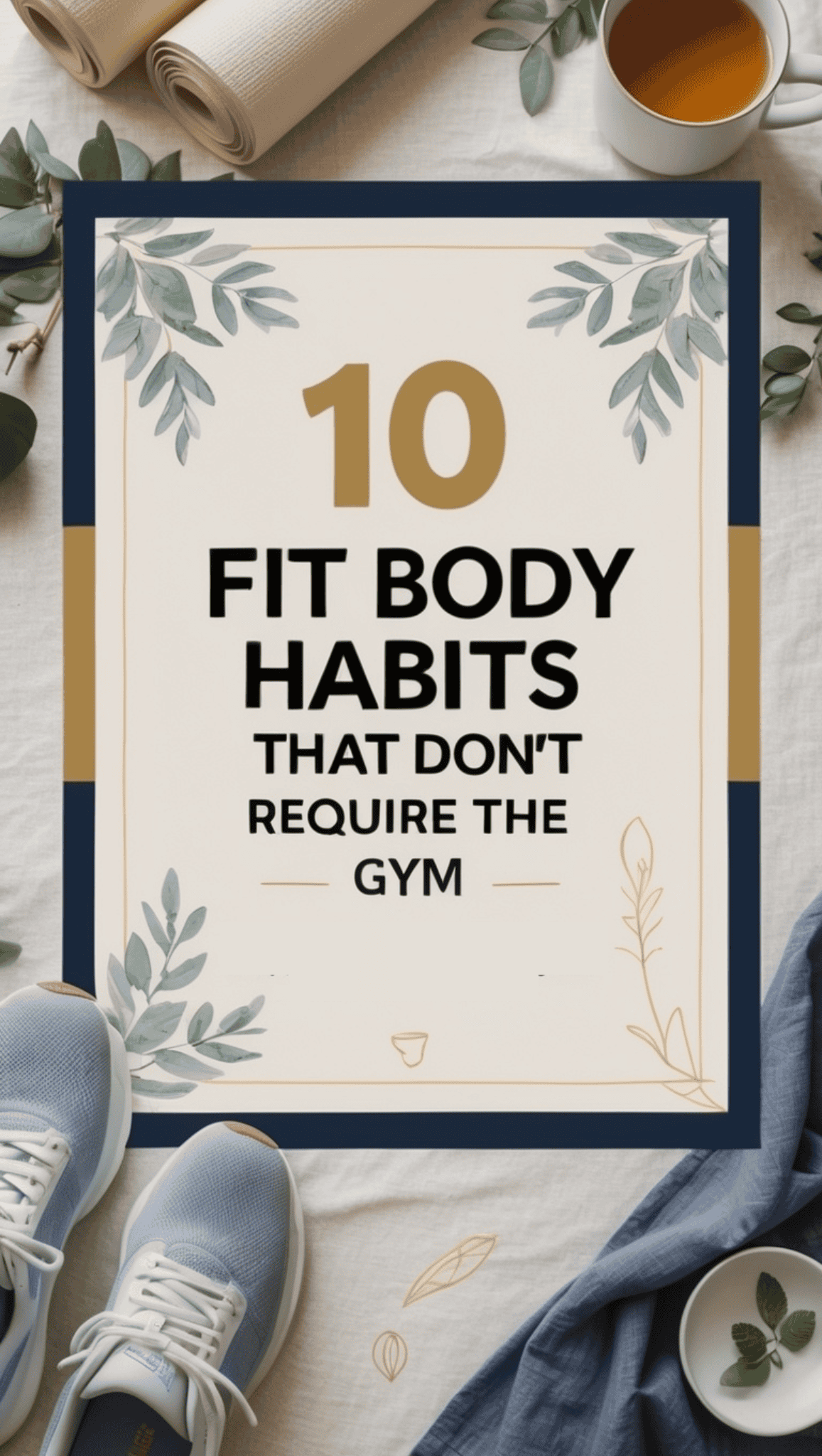 A fitness-themed flat lay with sneakers, a yoga mat, tea, and leaves surrounds a sign that reads, “10 Fit Body Habits That Don’t Require the Gym,” inspiring you to embrace healthy routines anytime, anywhere.