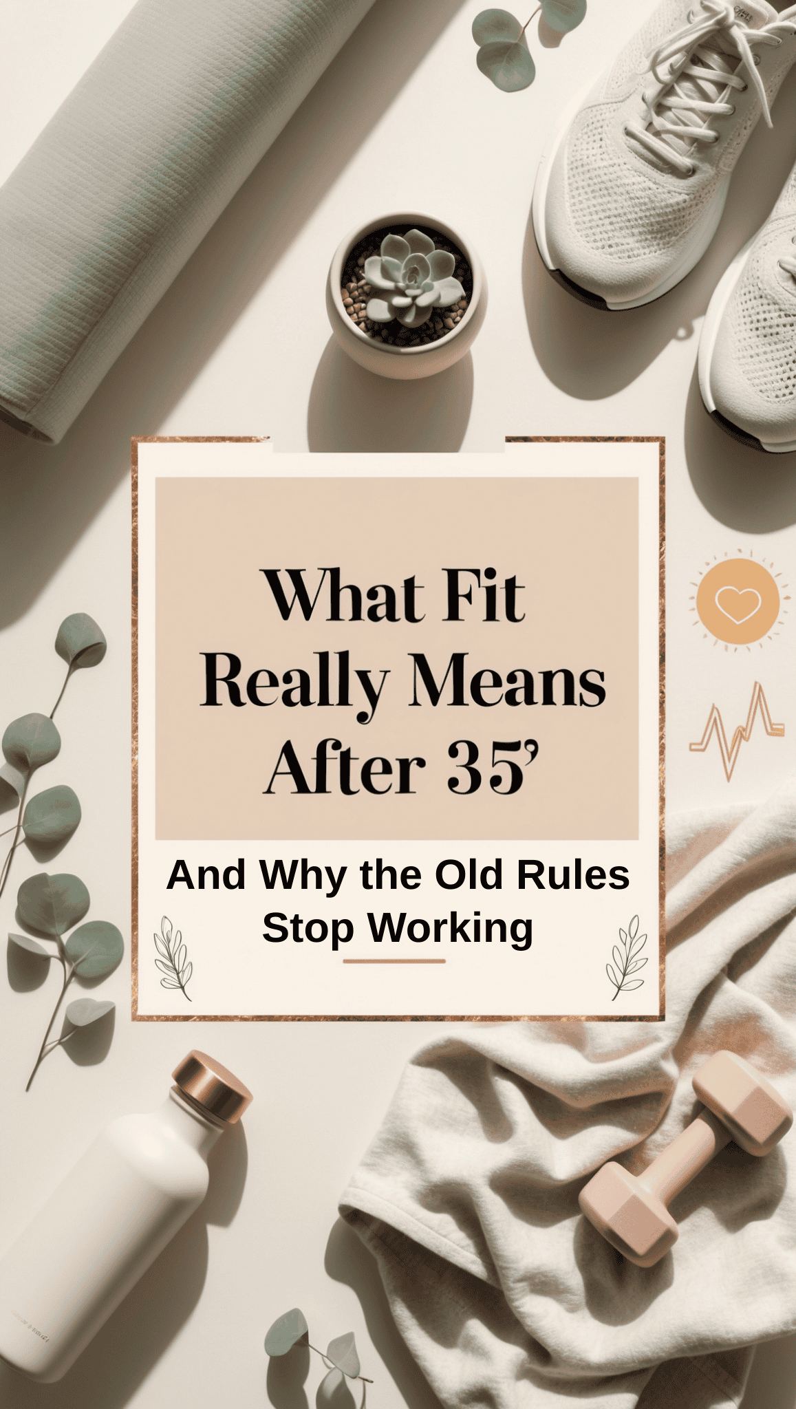Flat lay of fitness items—sneakers, yoga mat, water bottle, dumbbell, towel, and plants—surround text: “Fit Really Means After 35’ And Why the Old Rules Stop Working.” Modern wellness redefined for life after 35.